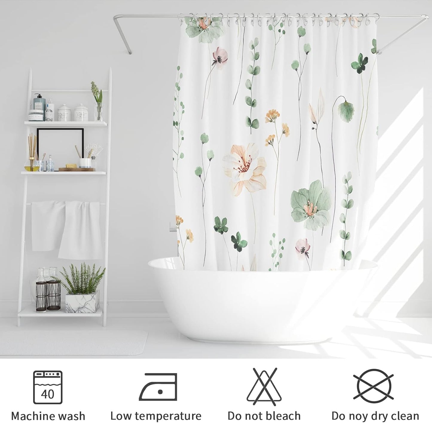 Gibelle Watercolor Floral Shower Curtain, Sage Green Beige Flower Shower Curtain for Bathroom, Modern Minimalist White Waterproof Fabric Shower Curtain Set with Hooks 72x72 Inch