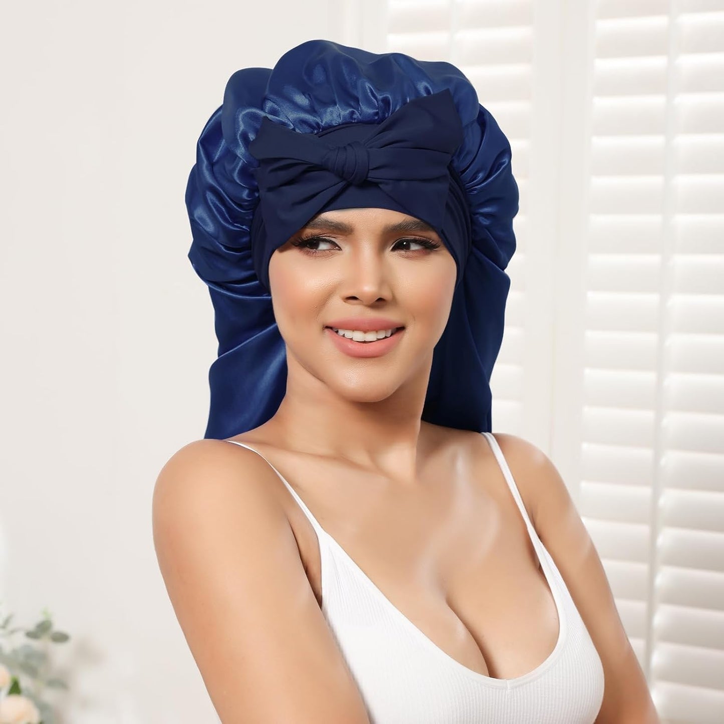 AWAYTR Long Satin Bonnet for Braids - Elastic Silk Hair Bonnets for Sleeping Night Cap Stretchy Tie Band for Women(Navy Blue)