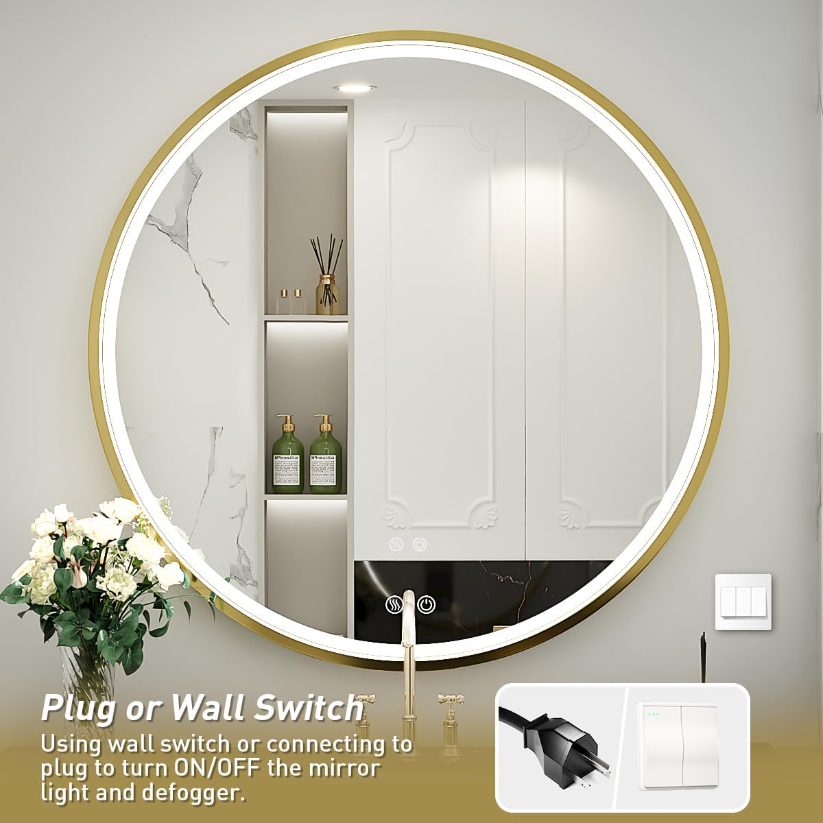 40" Round LED Bathroom Mirror, Dimmable Anti-Fog Vanity Mirror with Touch Control, 6000K Natural Light, Gold Metal Frame, Wall Mounted for Makeup Shaving (IP54, 90+ CRI)