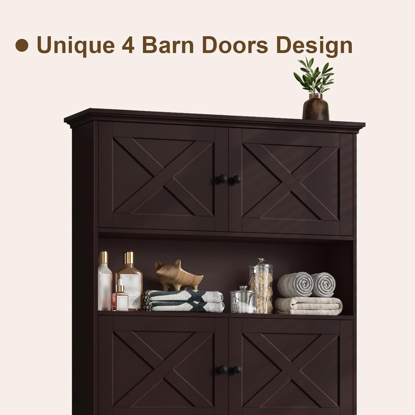 Over The Toilet Storage Cabinet, Farmhouse Storage Cabinet Over Toilet with 4 Barn Doors & Toilet Paper Holder Stand, Espresso Toilet Shelf Home Space Saver for Restroom, Bathroom, Laundry