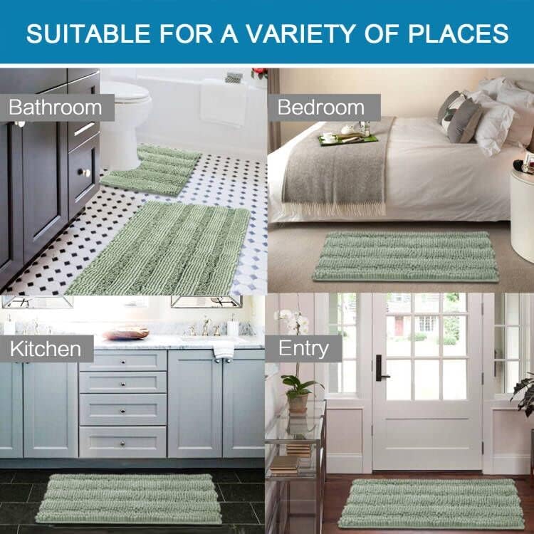 H.VERSAILTEX Bathroom Rugs Bath Rug Set 2 Piece Bathroom Contour Rug Toilet Mat Sets Non Slip Contour Bath Rug Ultra Thick Water Absorbent Striped Bath Mats Washable(20" x 32" Plus 20" x 20" U, Sage)