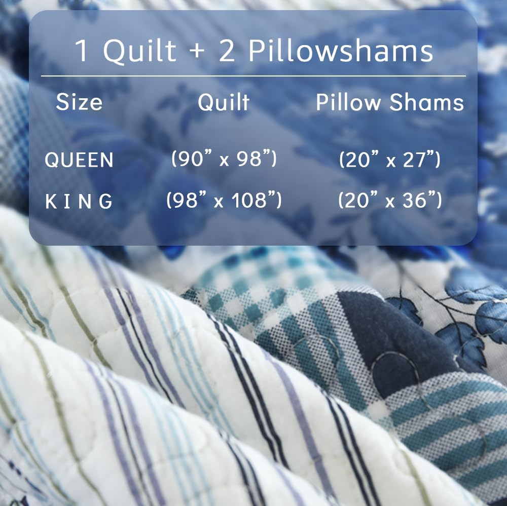 Cotton Bedspread Quilt Bedding Sets 3 Pieces Reversible Coverlet Sets Comforters Rustic Floral Patchwork Blue White Bedspread, Queen Size