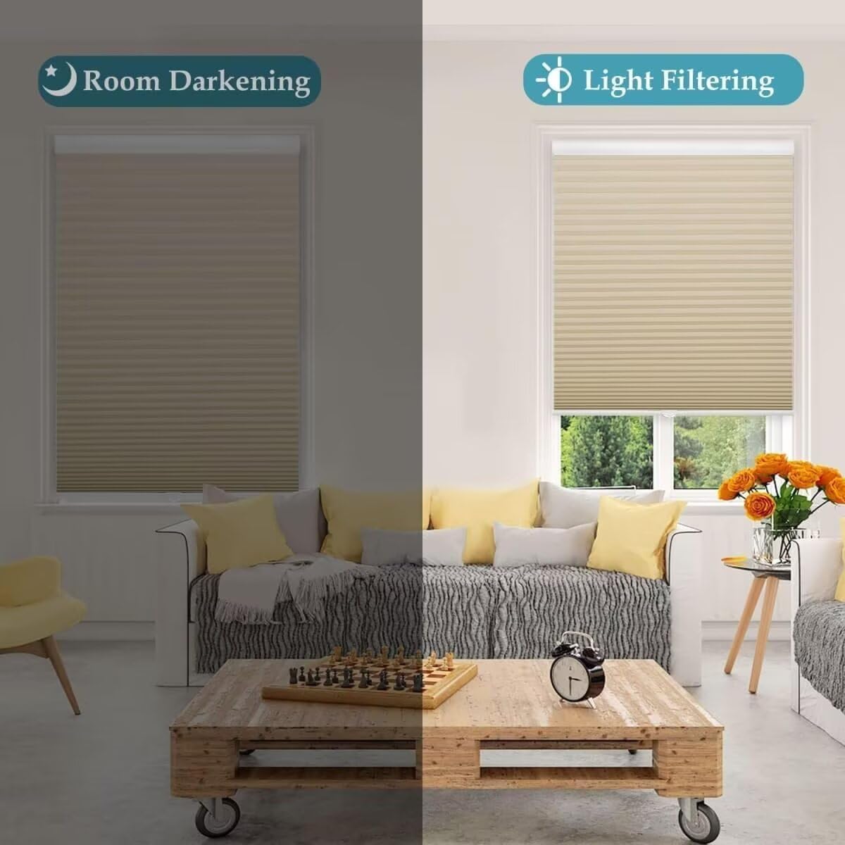 MYshade 1.5-Inch Cellular Cordless Light Filtering Shades,Thermal Insulating Noise Reducing Waterproof Blinds,Honeycomb Window Treatments for Indoor Light Control (Beige-29 W x 72" H)