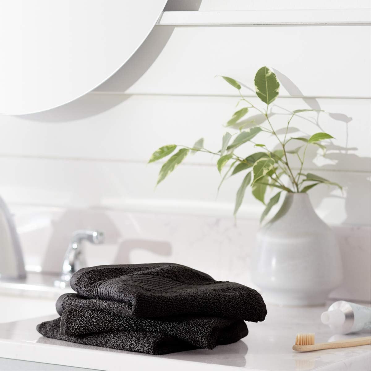 Amazon Basics Cotton Washcloths for Face, Soft, Absorbent, 12-Pack, Black, 12 Inch x 12 Inch