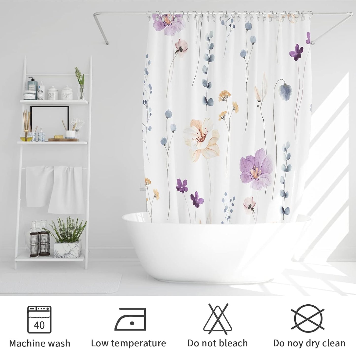Gibelle Small Stall Shower Curtain 36 x 72, Narrow Half Watercolor Floral Fabric Shower Curtain, Purple Beige Flower Decorative Bathroom Shower Curtain Set with Hooks
