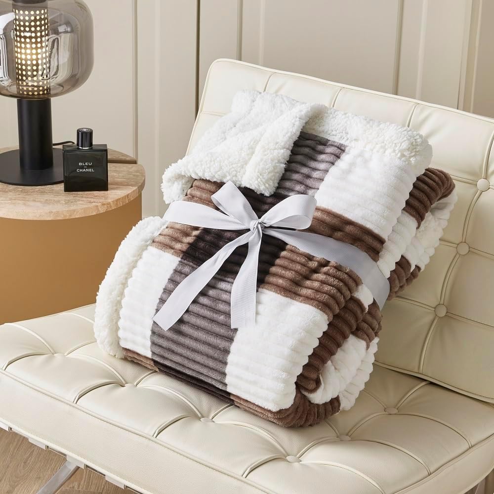 Blanket for Women, Sherpa Throw Blanket for Couch, Flannel Cozy Soft Checkered Blanket for Bed - Fleece, Dark Brown, 60x80 Inches