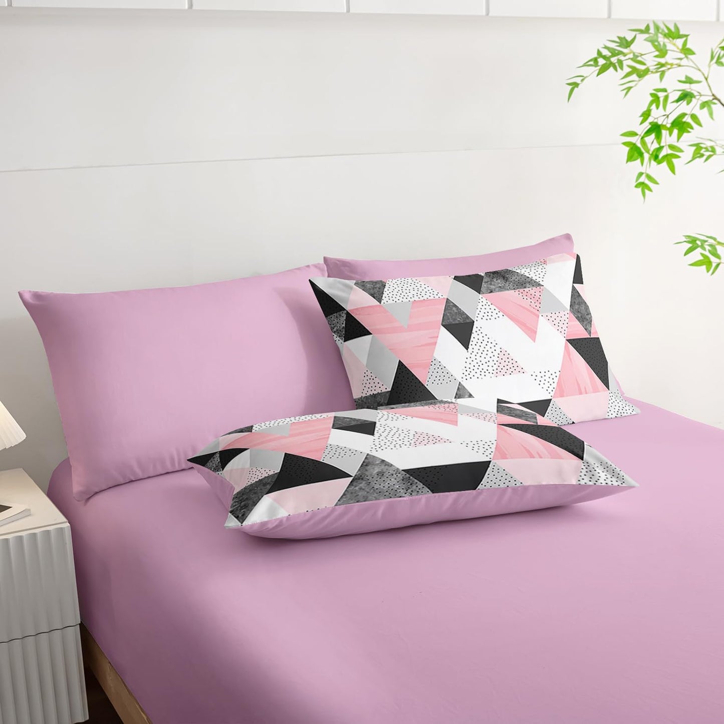 Queen Size Comforter Set - 7 Piece Pink & Gray Triangle Geometric Bedding, Ultra Soft Microfiber, Modern Aesthetic, All Season