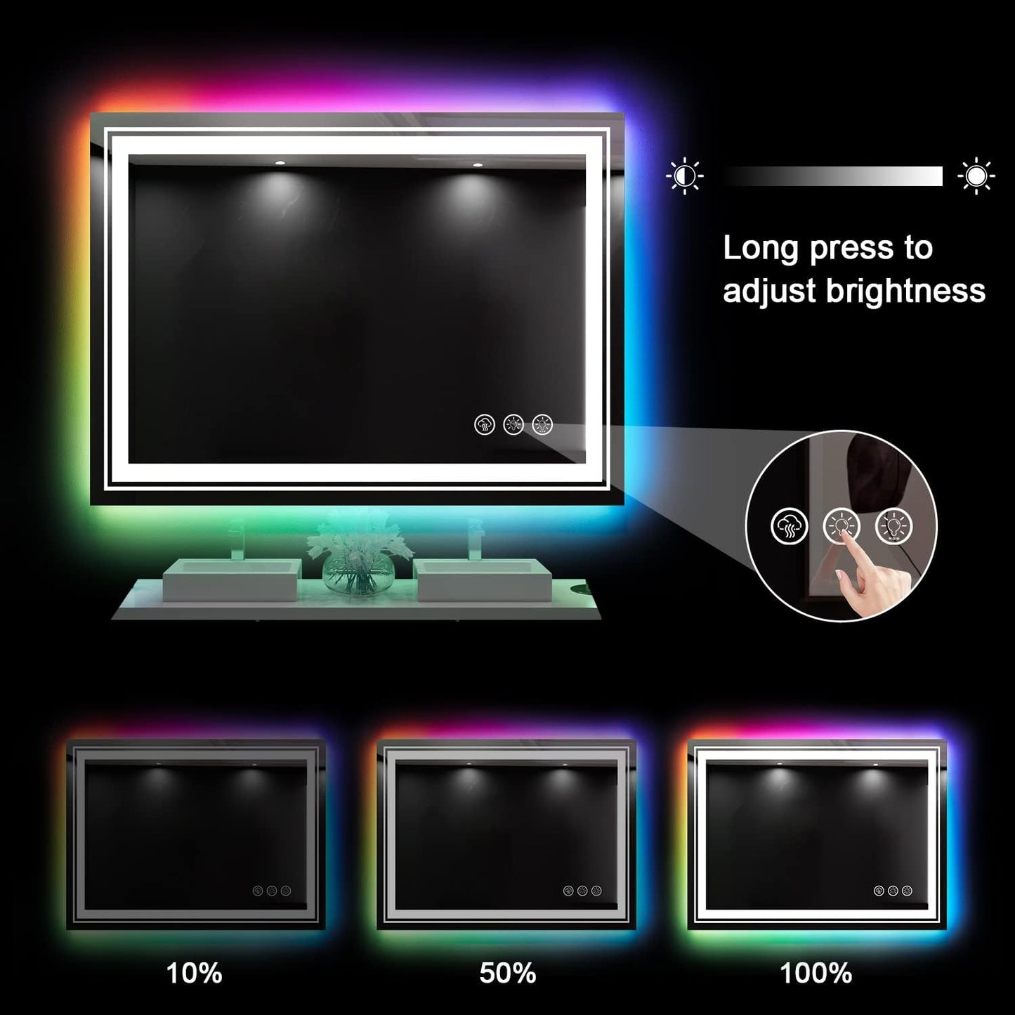 LED Mirror for Bathroom, 40"X32" with 8 RGB Backlit +3 Front Lit (Adjustable Individually), Anti-Fog, Lighted Bathroom Vanity Mirror for Wall, Shatterproof, Memory Function, Tempered Glass