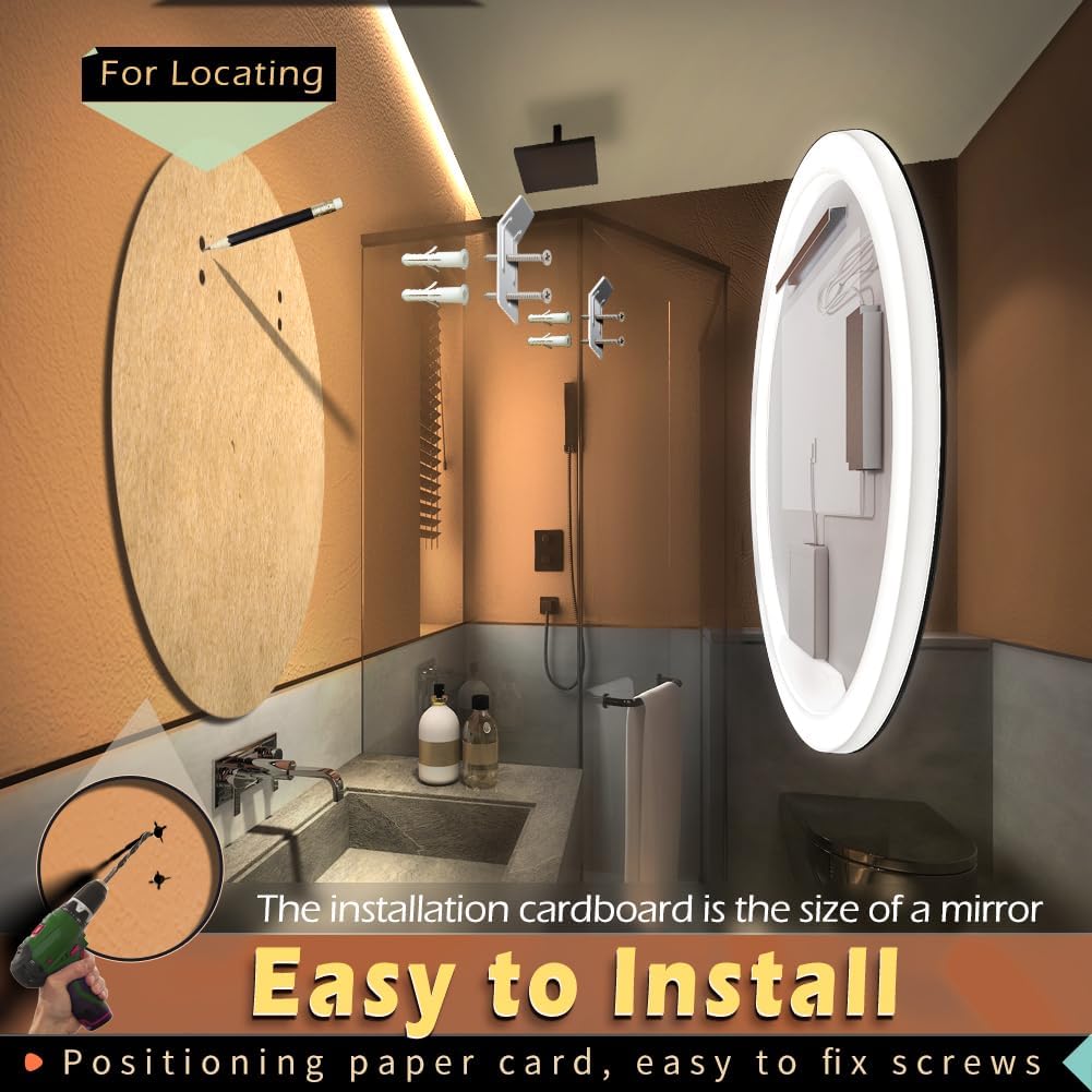KWW Round Mirror Bathroom LED Lighted Mirror, Illuminated Dimmable Anti-Fog Wall-Mounted Makeup Vanity Mirror with Lights (39.5" L x 39.5" W)