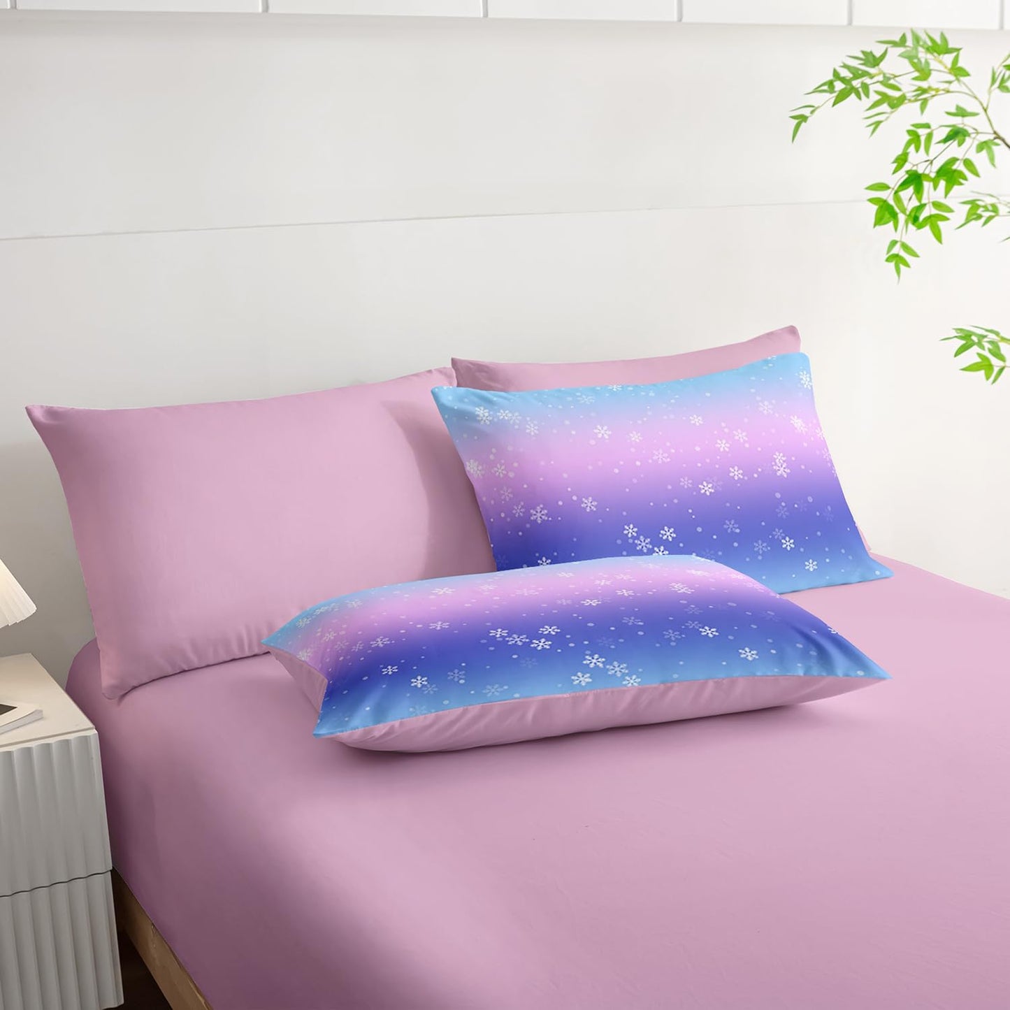 7 Piece Bed in a Bag Twin Size Comforter, Blue Purple Snowflake Quilt Set, Soft Pink Sheets, All Season Bedding Set, Microfiber