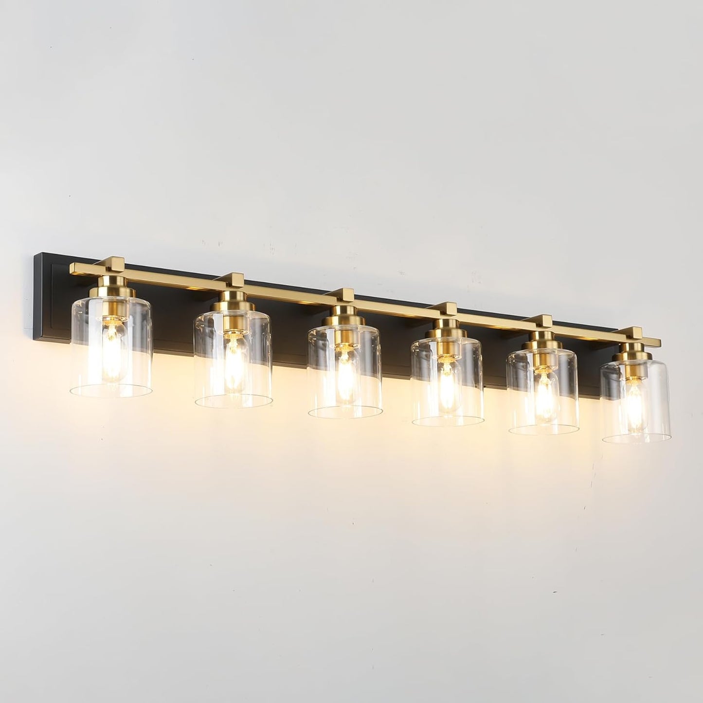 6 Light Modern Bathroom Light Fixtures Over Mirror, Black Gold Vanity Lights for Bathroom Wall Sconces with Clear Glass Shades, E26 Socket (Bulbs Not Included)