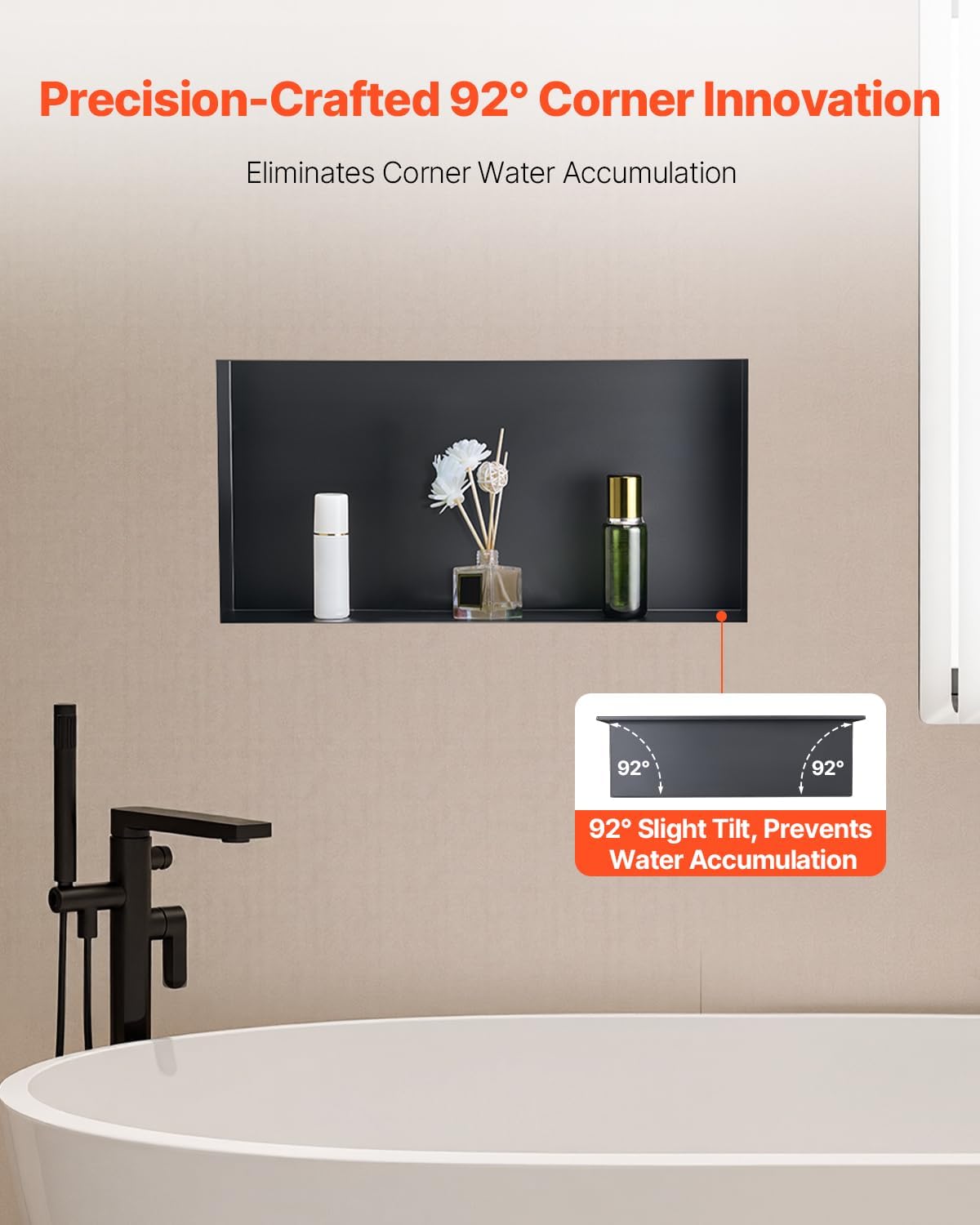 VEVOR Shower Niche, 13 x 25 x 4 inch Frameless Recessed Wall Niche, Heavy-Duty Stainless Steel Modern Shampoo Storage Organizer, Sealed Waterproof, Durable & Easy to Install, Black for Bathroom