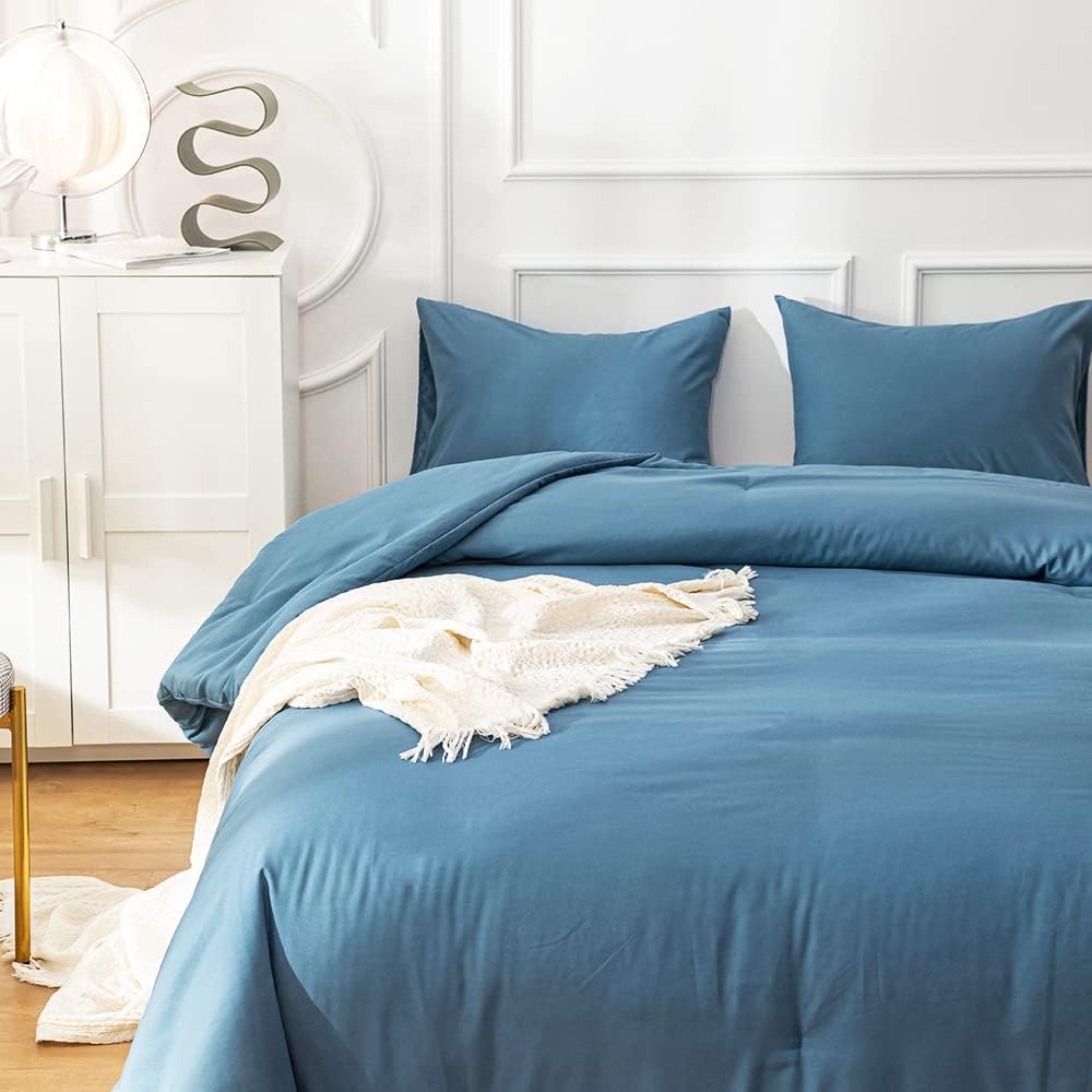Cottonight Blue Comforter Sets California King Lake Blue Bedding Set Women Men Blanket Quilts Breathable Soft Solid Cal King Bedding Comforter Sets