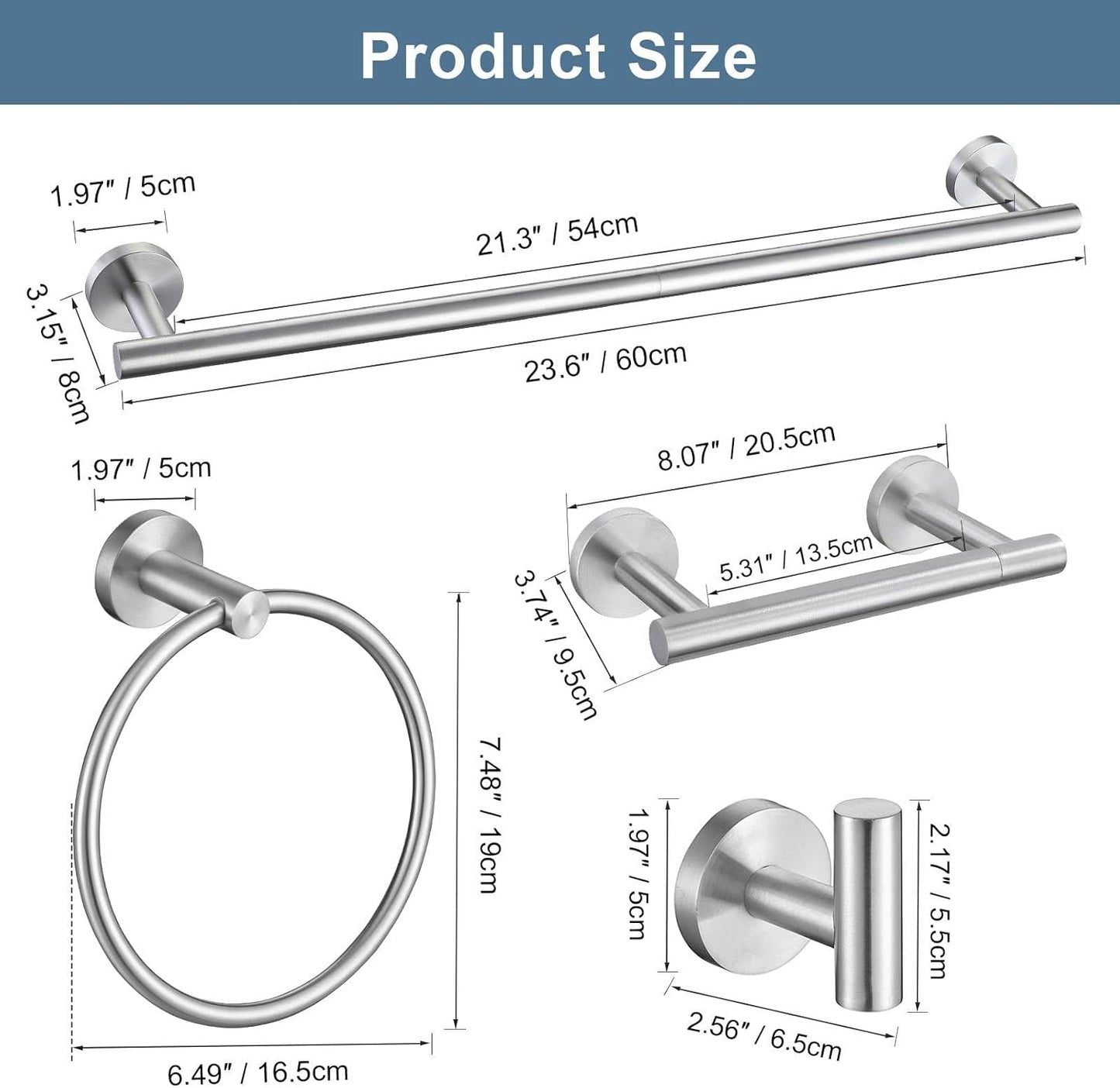 Brushed Nickel Bathroom Hardware Accessories Set, 5 Pieces Round Towel Bar Set Toilet Paper Holder Towel Rail Set for Bathroom Stainless Steel Wall Mounted Bathroom Set,23.6 in