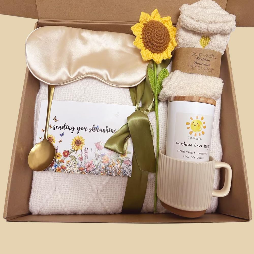 Sunflower Gifts For Women Birthday Gifts for Women Self Care Gift Get Well Soon Baske Spa Gift Care Package Luxurious Flannel Blanket Unique Christmas Gift for Mom Wife Friend Grandma Sister