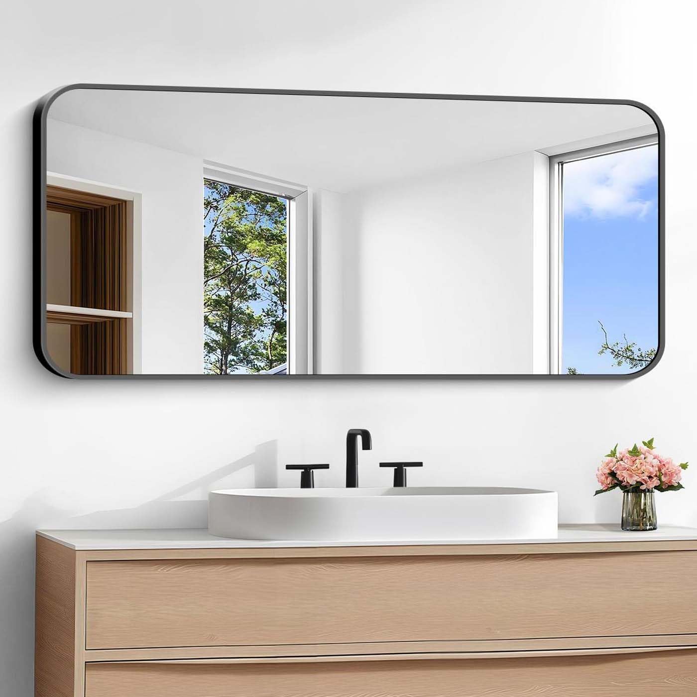 Bathroom Mirror, 48 x 24 inch Black Rectangle Wall Mirror, Metal Framed Rectangular Vanity Mirror, Rounded Corner Wall Mounted Mirror for Modern Bedroom Living Room Horizontal/Vertical