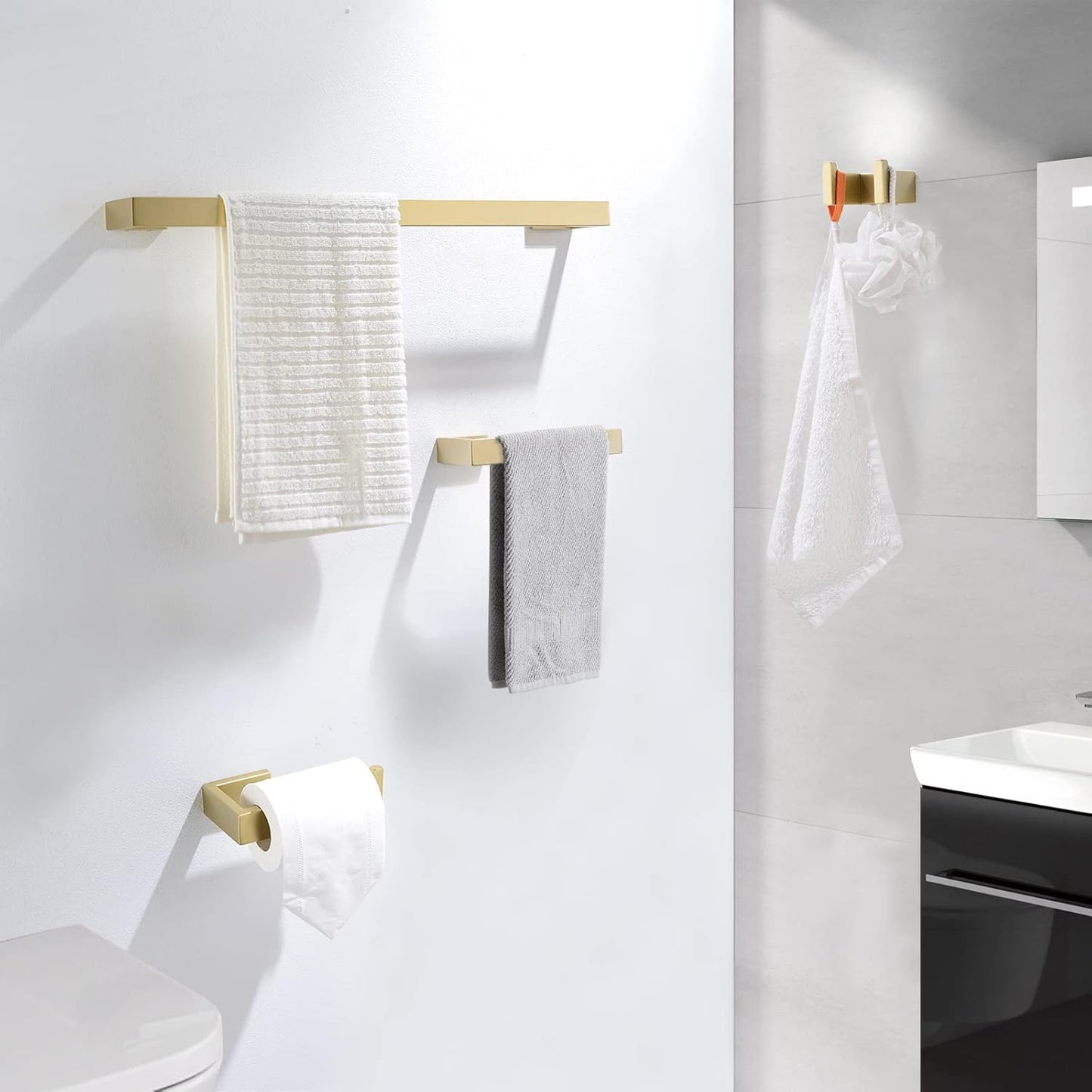 Gold Towel Bar Set 4 Pieces Bathroom Hardware Set Wall Mounted Stainless Steel,Towel Bar+Towel Holder+Towel Hook+Toilet Paper Holder,23.6 inch