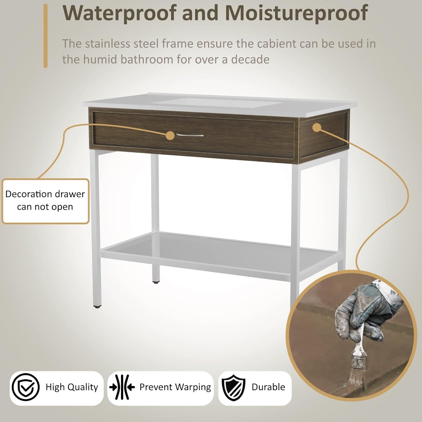 36 Inches Bathroom Vanity with Resin Sink, Single Sink Modern Cabinet Set, Stainless Steel Frame with Tempered Glass Open Shelf, Freestanding Bathroom Storage Cabinet Combo, White