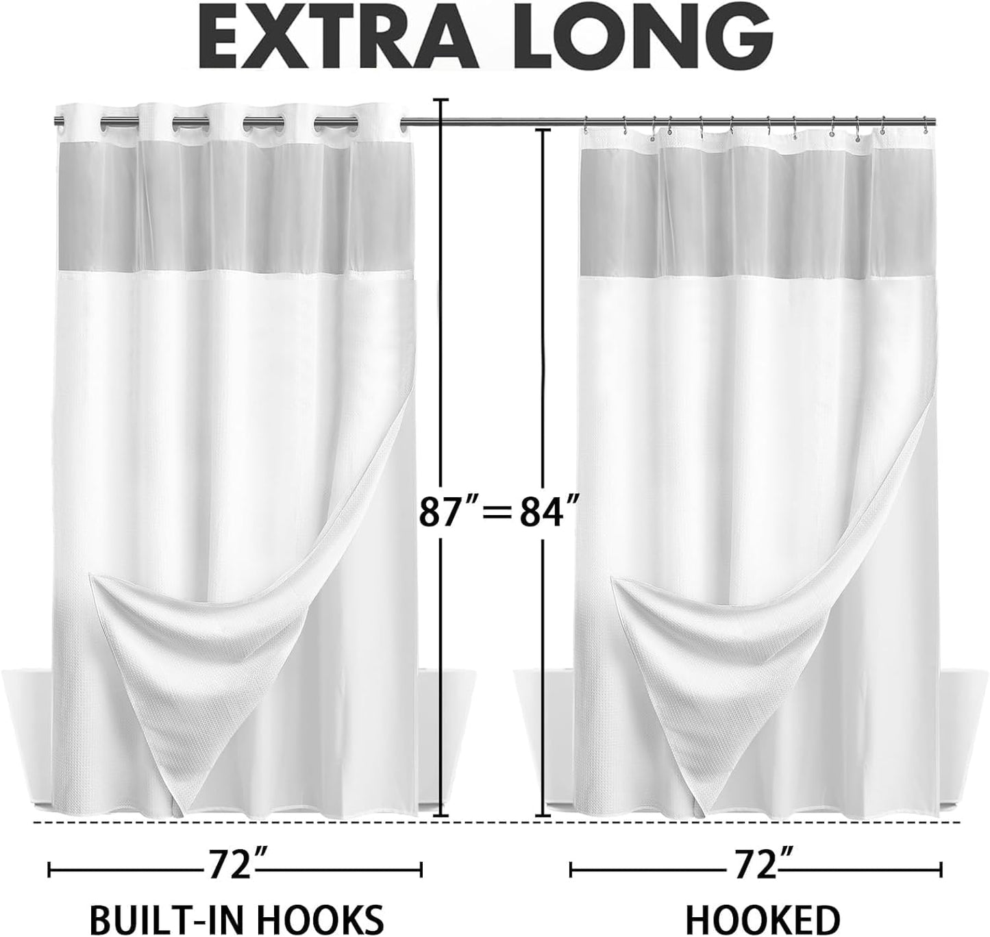 YellyHommy No Hook Shower Curtain with Snap in Fabric Liner Set Less Time White Waffle Shower Curtain for Bathroom 87" L x 72" W