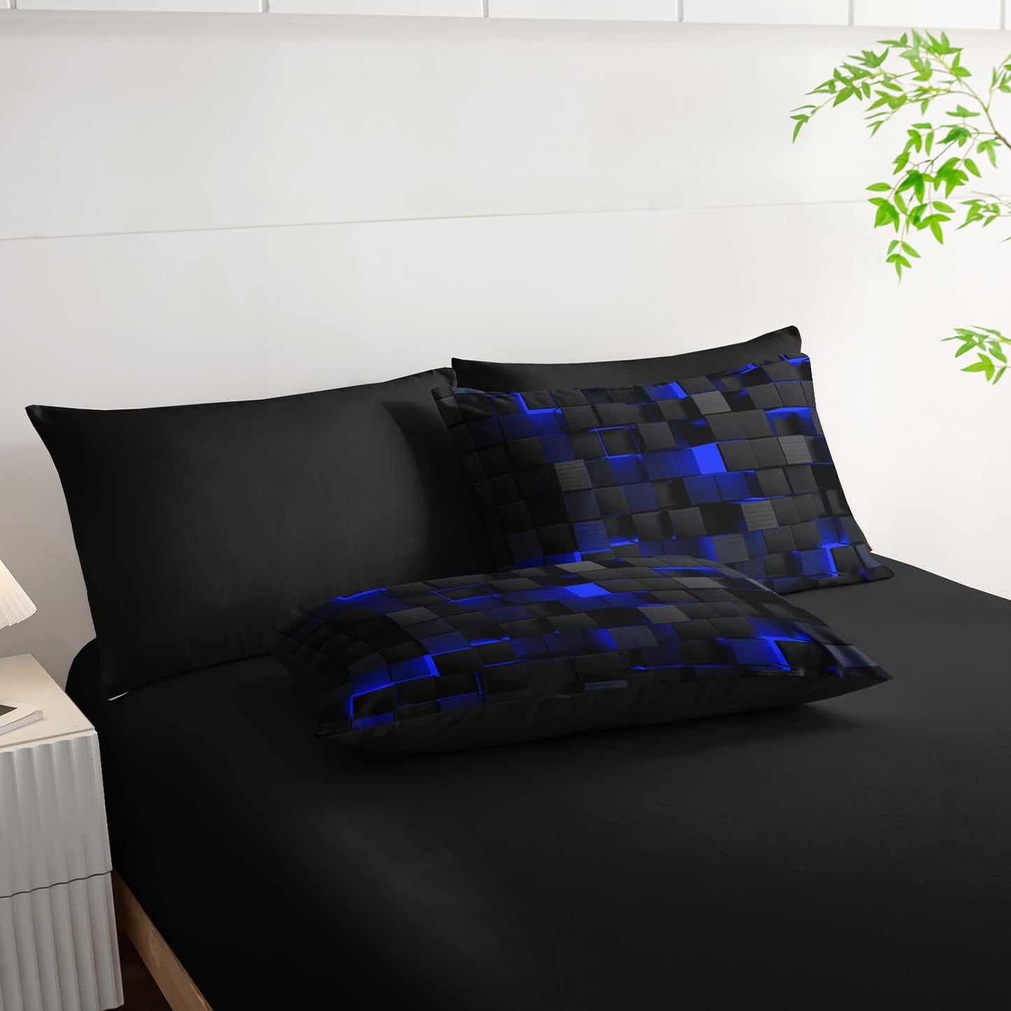 Twin Size Comforter Set 7 Piece - Black and Blue Modern Bedding, 3D Cube Design, Soft Microfiber, Gamer Bed Set, All Season