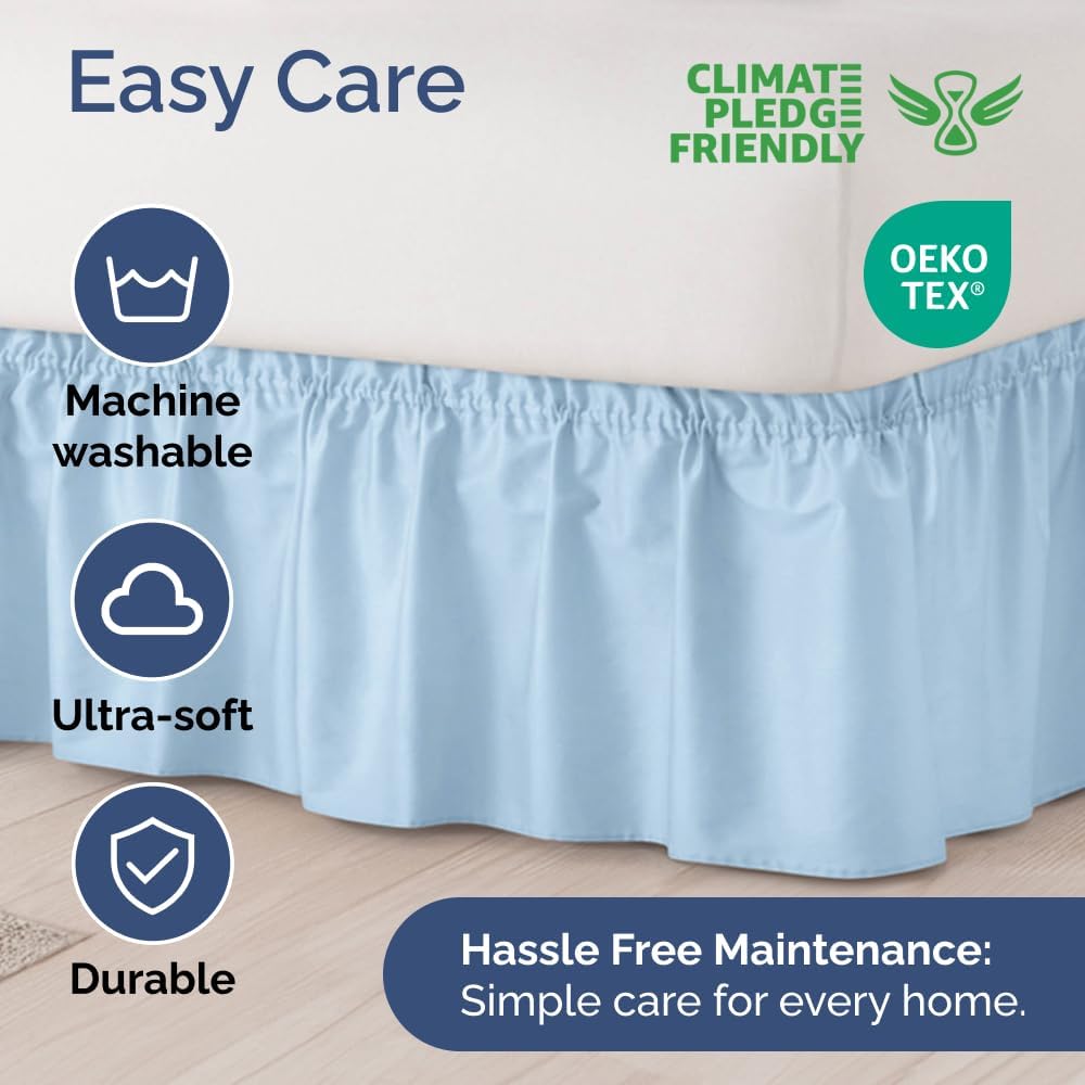 Wrap Around Dust Ruffle Bed Skirt - Light Blue - for King Size Beds with 21 Inch Drop - Elastic Strap - Adjustable Pleated Bedskirt with Brushed Fabric and Wrinkle Free - for Women, Men, Kids & Teens