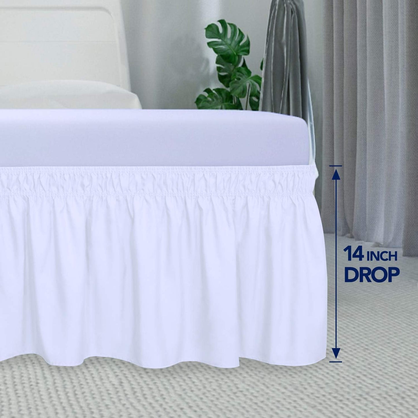 PureFit Wrap Around Ruffled Bed Skirt with Adjustable Elastic Belt - 14 Inch Drop Easy to Put On, Wrinkle Free Bedskirt Dust Ruffles, Bed Frame Cover for Twin, Twin XL and Full Size Beds, White