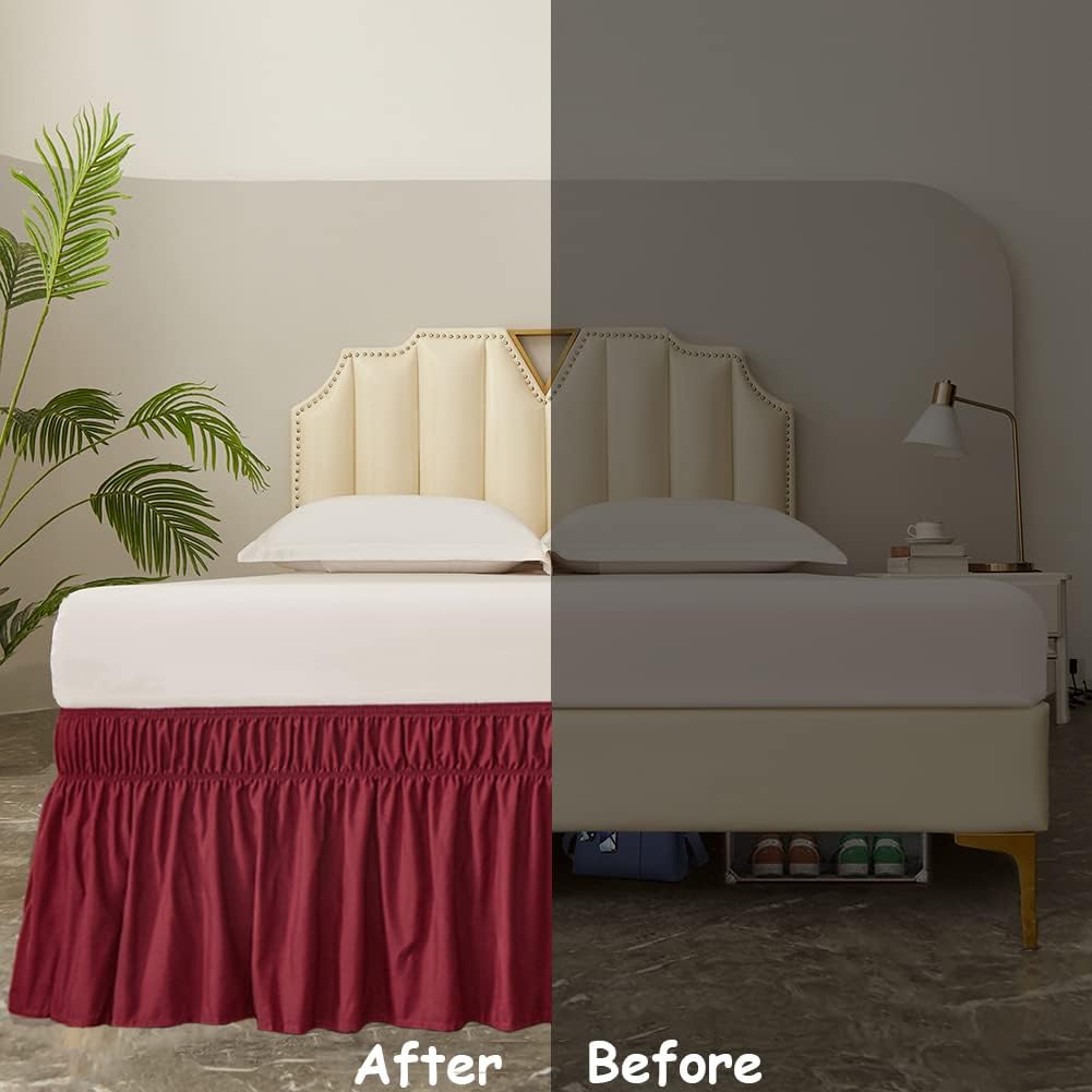 MEILA Wrap Around Bed Skirt Three Fabric Sides Elastic Dust Ruffled 24 Inch Tailored Drop,Easy to Install Fade Resistant-Burgundy, Queen/King