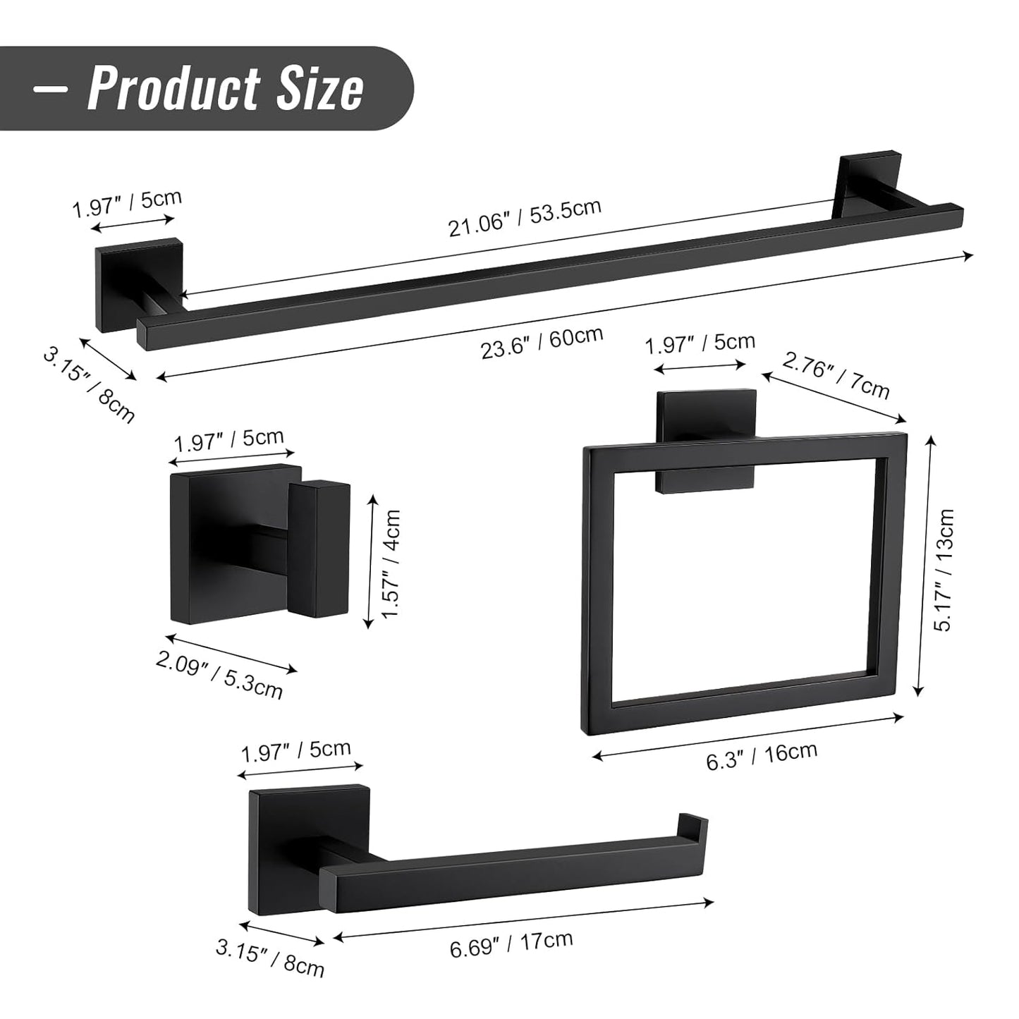 YACVCL Matte Black Towel Bar Set 10-Piece Bathroom Hardware Accessories Set,Black Bathroom Towel Holder Set 23.6 Inch Towel Bar Stainless Steel Wall Mounted Towel Rack Set
