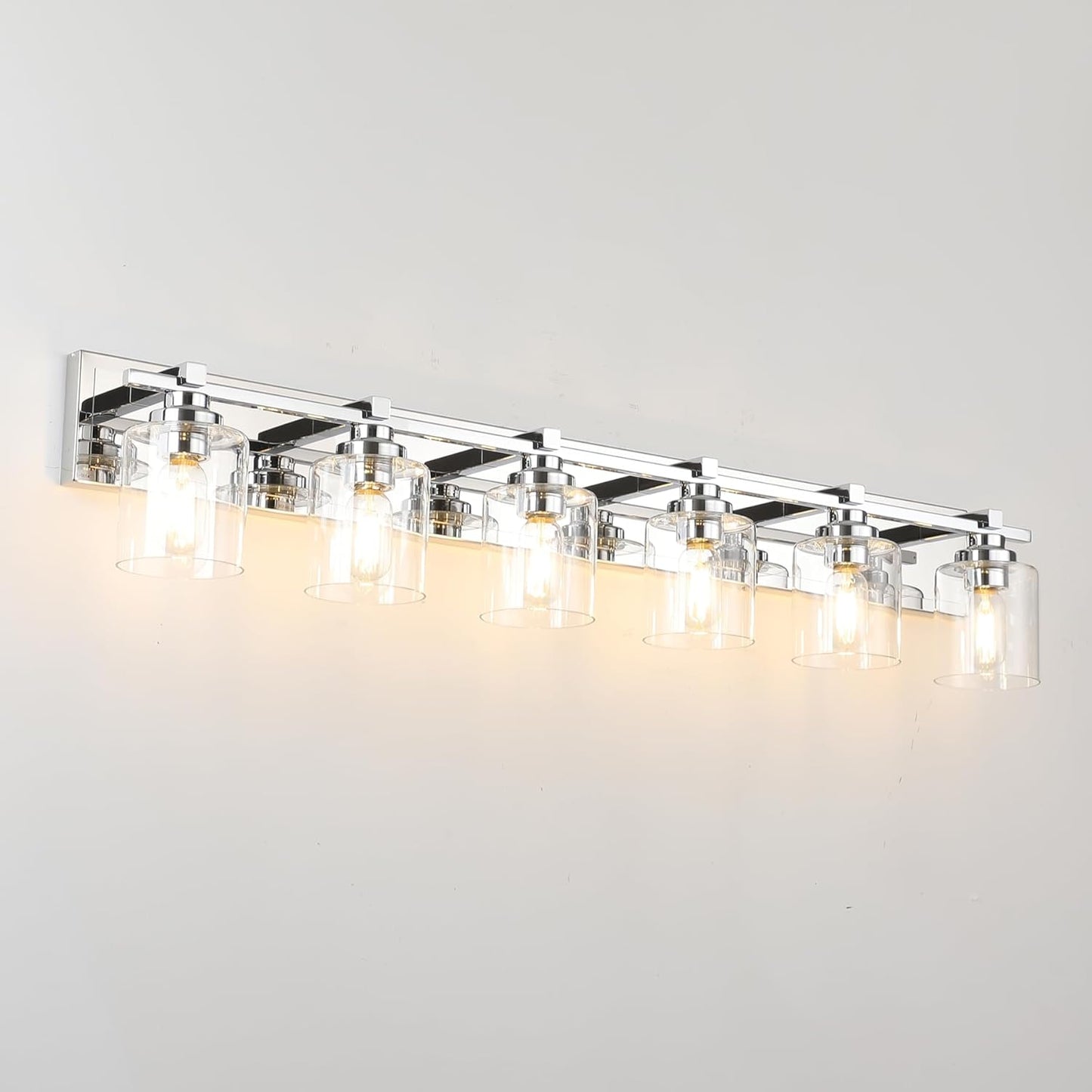 6 Light Modern Bathroom Light Fixtures Over Mirror, Chrome Vanity Lights for Bathroom Wall Sconces with Clear Glass Shades, E26 Socket (Bulbs Not Included)