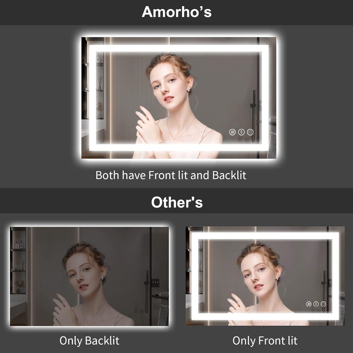 Amorho LED Bathroom Mirror 68" X38" with Front and Backlight, Stepless Dimmable Wall Mirrors with Anti-Fog, Shatter-Proof, Memory, 3 Colors, Double LED Vanity Mirror