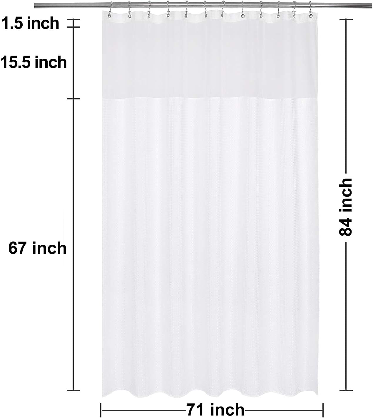 N&Y HOME Extra Long Waffle Weave Shower Curtain with Snap-in Fabric Liner Set, 12 White Hooks Included - 71" x 84", Hotel Style & Mesh Top, Machine Washable & Water-Repellent - 71x84, White