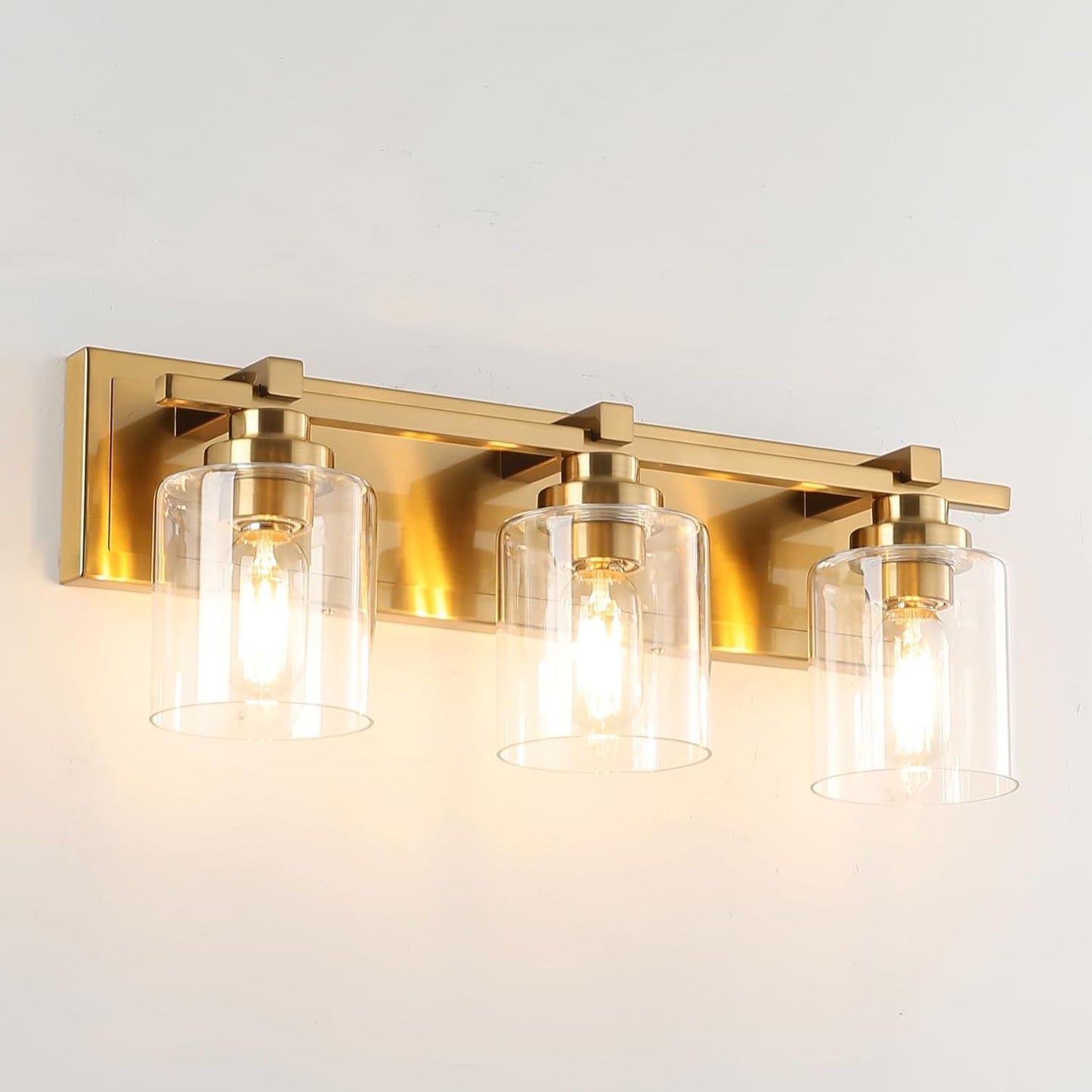 3 Light Modern Bathroom Light Fixtures Over Mirror, Brass Finish Vanity Lights for Bathroom Wall Sconces with Clear Glass Shades, E26 Socket (Bulbs Not Included)