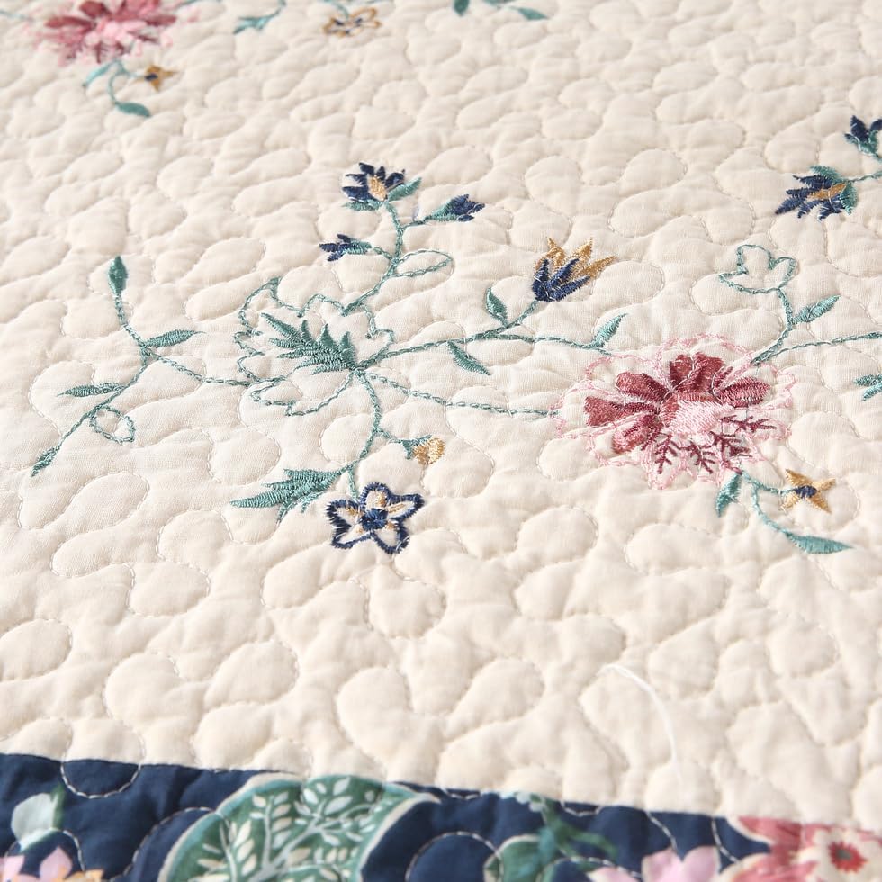 Quilt Set Floral Leaves 3D Embroidery Pattern 2 PCS Cotton Reversible Quilted Embroidered Decorative Bedspreads Coverlet Set, Lightweight &Soft Queen Size Beige Bedding Coverlet for All Season