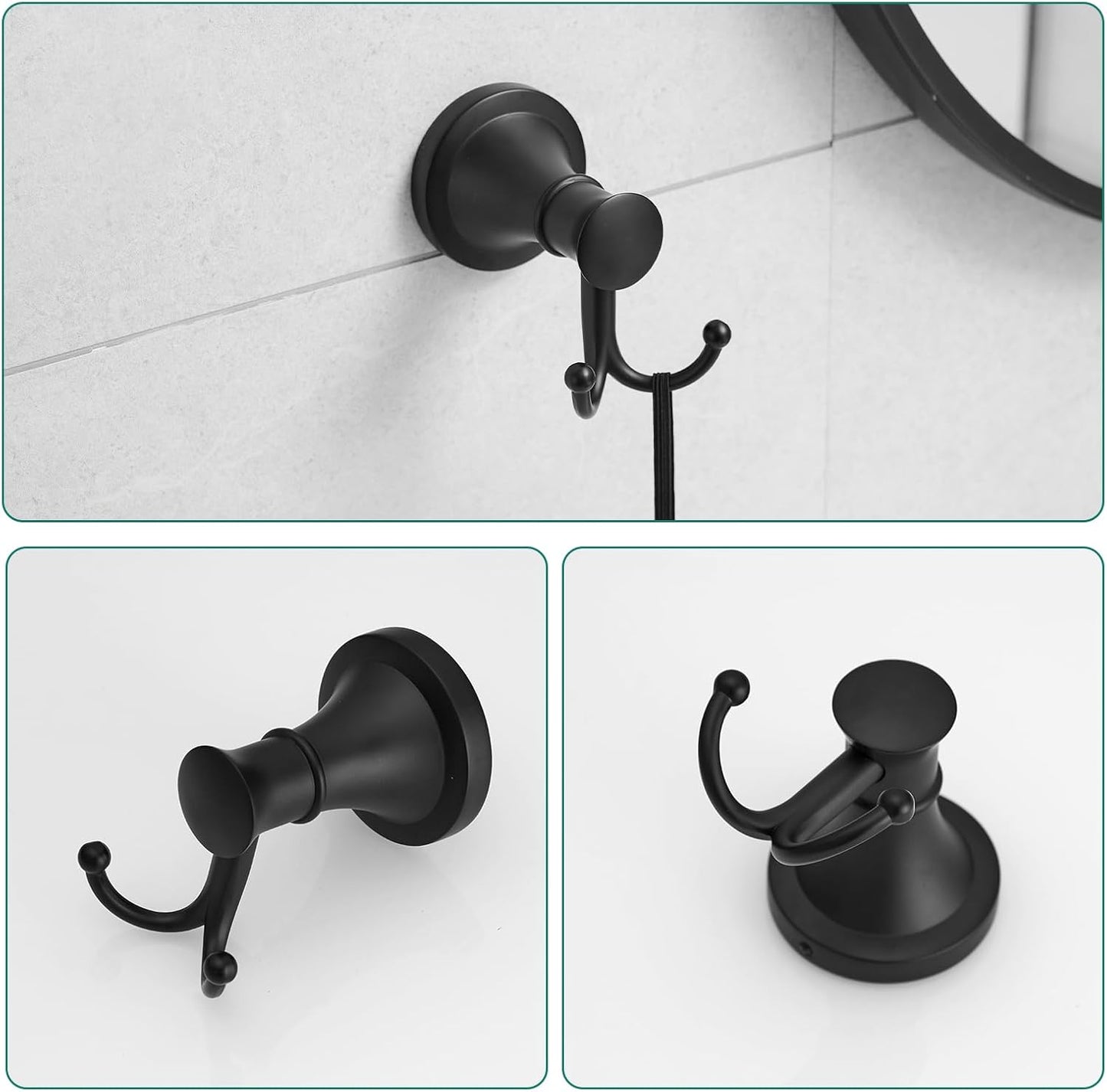 Hoimpro Matte Black 4-Piece Bathroom Bath Set, Wall Mount Bathroom Hardware Fixture (Adjustable Towel Bar Rack, Towel Ring Holder, Paper Towel Holder, Double Towel Hook), Bathroom Accessories