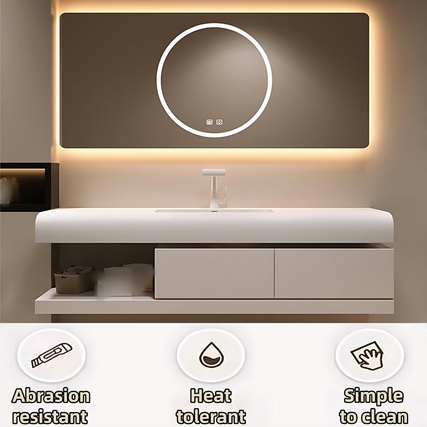 68IN Bathroom Vanity with Sink - Bathroom Cabinet Set has 2 Drawers & Overflow Hole Wall Mounted | LED Practical Defogging Mirror, Open Compartments, Seamless Rock Slab Basin (Khaki)