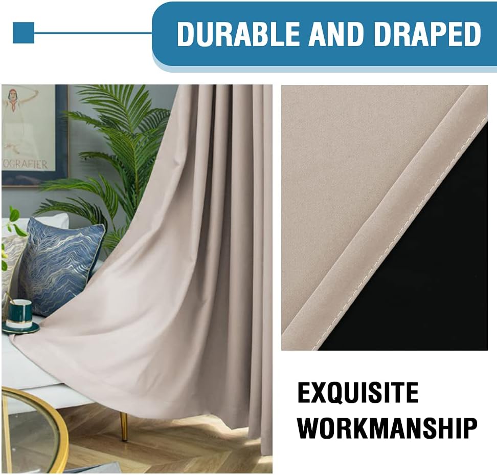 H.VERSAILTEX 100% Blackout Curtains for Bedroom Thermal Insulated Blackout Curtains 63 Inches Long Rod Pocket Window Drapes for Living Room with Black Liner 2 Panels Set, Natural Sand