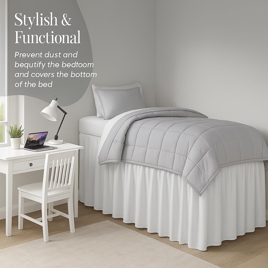 Cottingon Dorm Bed Skirt Twin XL 46" with Split Corners, 100% Microfiber Soft and Stylish, College Room Essential, Extra Long Dust Ruffle for Extended Beds, White