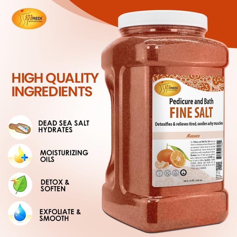 SPA REDI - Detox Foot Soak Pedicure and Bath Fine Salt, Mandarin, 128 Oz - Made with Dead Sea Salts, Argan Oil, Coconut Oil, and Essential Oil - Hydrates, Softens and Moisturizes