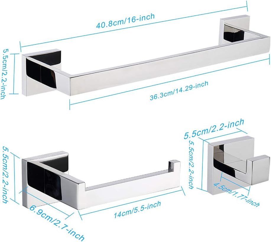 TASTOS 3-Piece Chrome Bathroom Hardware Accessory Set, Premium Stainless Steel Robe Hook Toilet Paper Holder 16-Inch Towel Bar Set Wall Mounted Square Style, Polished Finish (Silver)