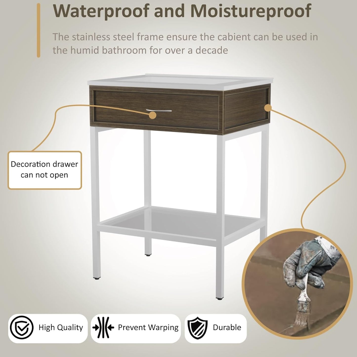 24 Inches Bathroom Vanity with Resin Sink, Single Sink Modern Cabinet Set, Stainless Steel Frame with Tempered Glass Open Shelf, Freestanding Bathroom Storage Cabinet Combo, White