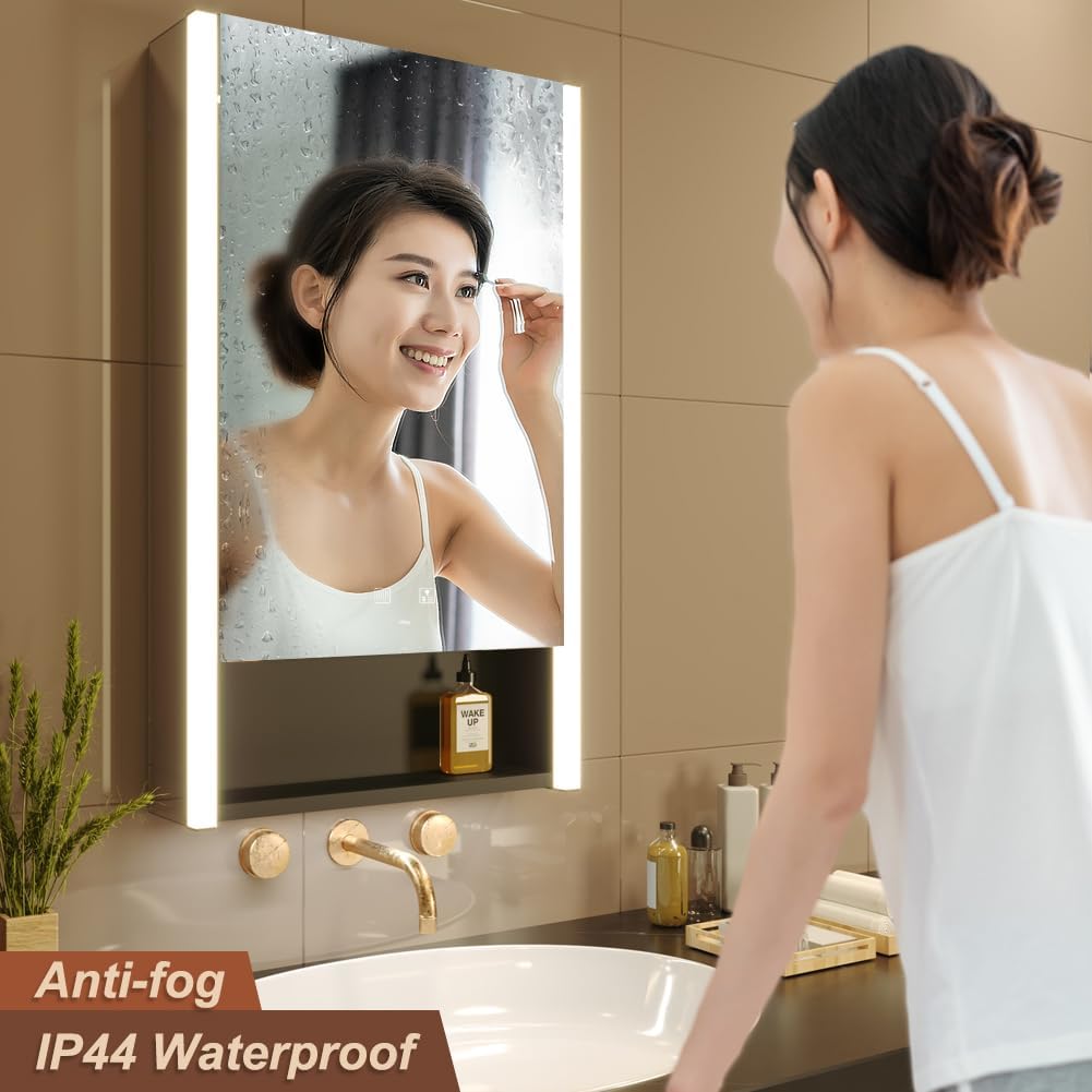 KWW LED Lighted Bathroom Medicine Cabinet with Sockets & USBs, Defogger, Dimmable, 3 Color Light Makeup Mirror, Easy to Install, Wall Mounted Cabinet (Left Hinge, 21 * 34)