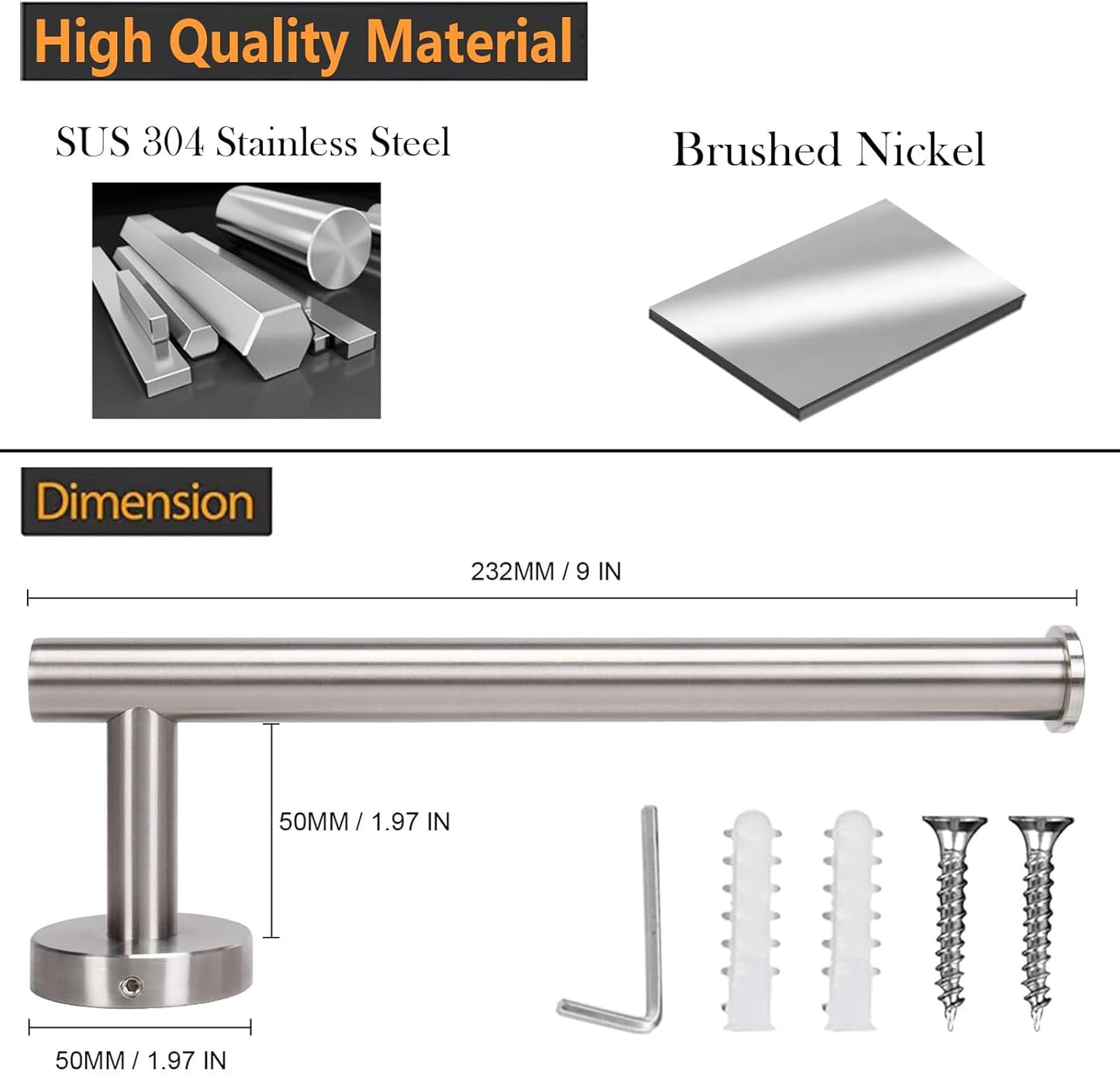 2-Piece Hand Towel Holder - 9" Modern Design Towel Ring, Thicken SUS 304 Stainless Steel Towel Holder for Bathroom Wall, Contemporary Hand Towel Rack - Brushed Nickel