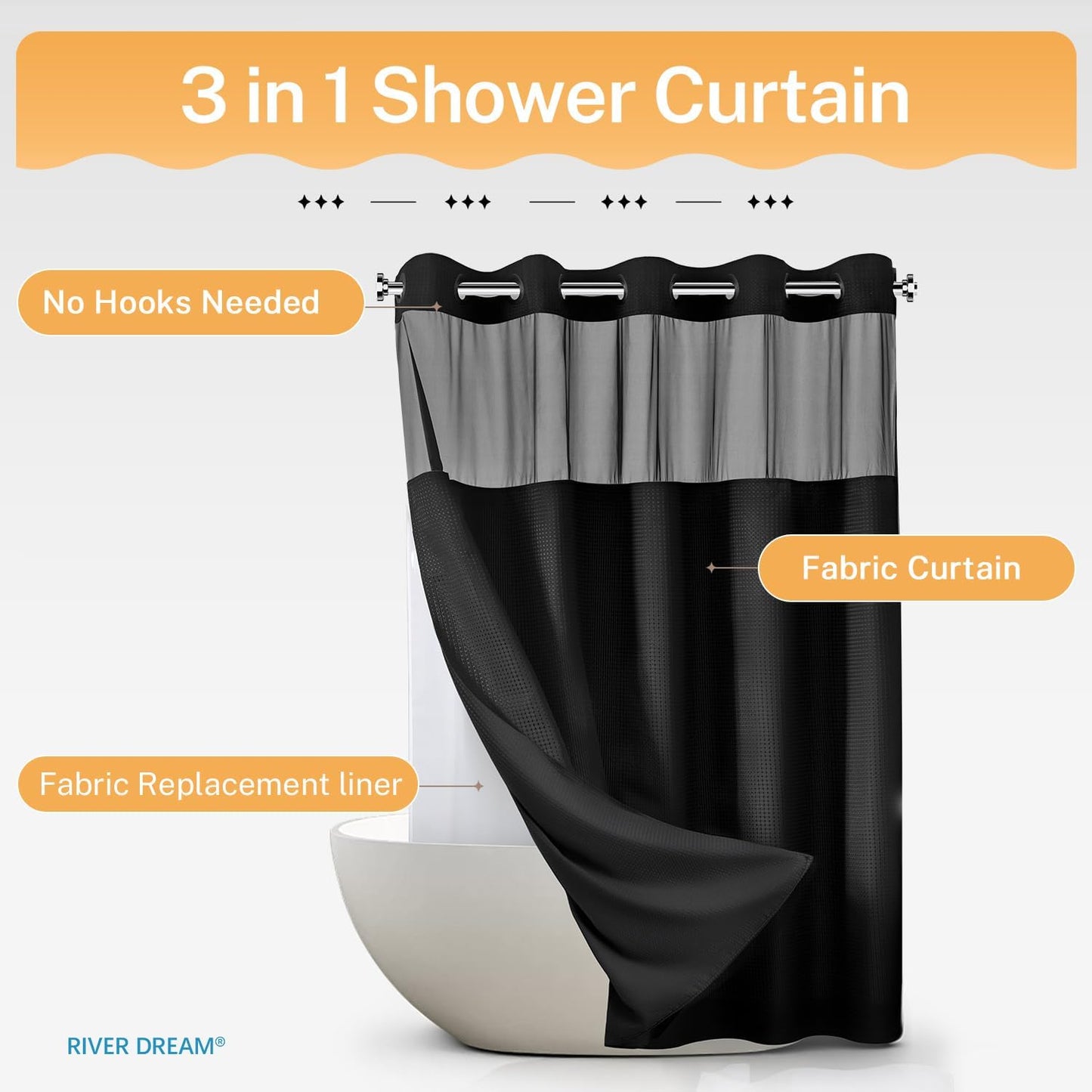 River Dream Heavyweight No Hooks Required Dotted Waffle Weave Shower Curtain with Snap in Liner -Extra Long 71W x 86H,Hotel Grade,Spa Like Bath Curtain,Black