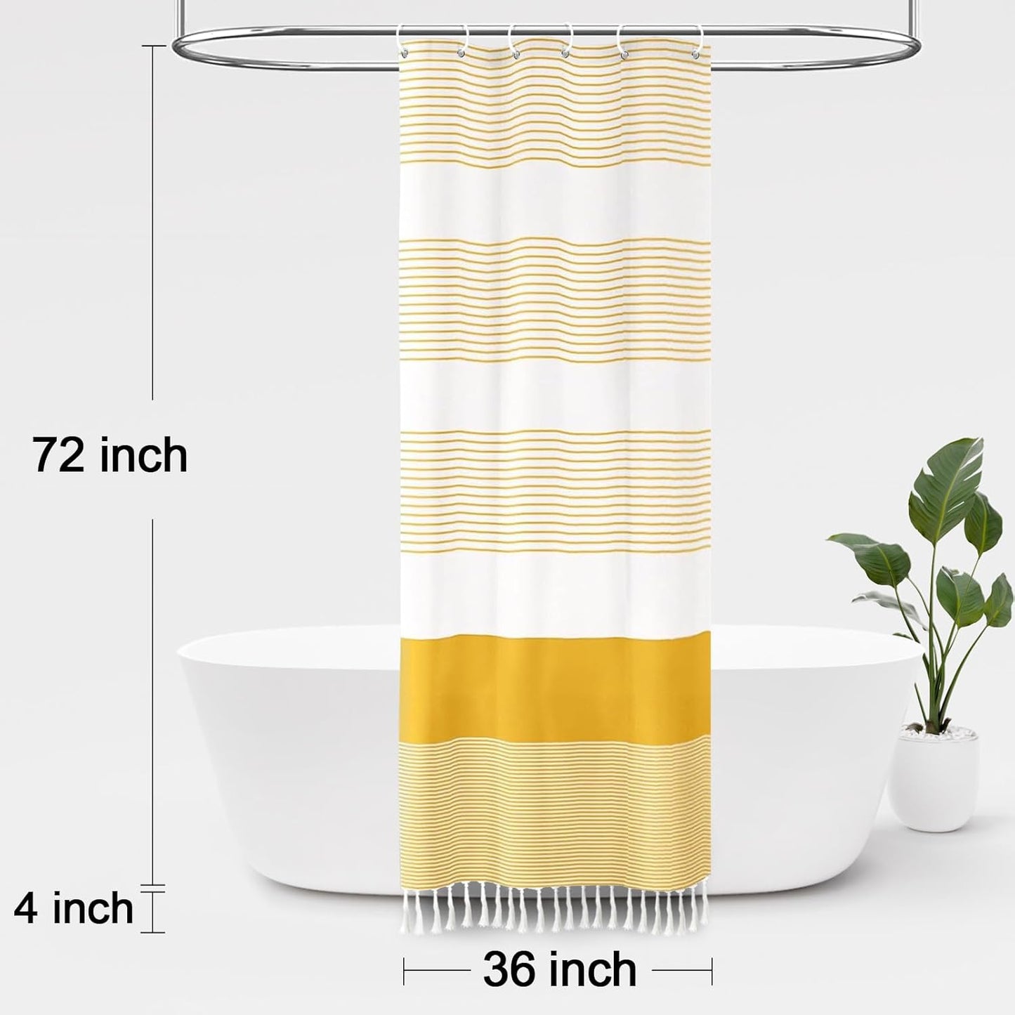 Awellife Boho Yellow Shower Curtain for Bathroom Farmhouse Cotton Stripe Tassel Shower Curtain Natural Texture 72" L x 36" W