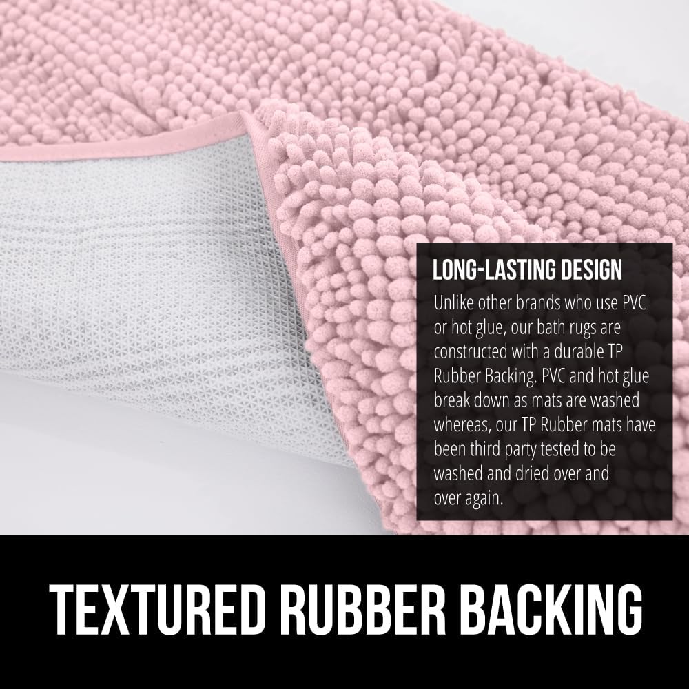 GORILLA GRIP Plush Absorbent Shaggy Chenille Bath Rug Mat for Square Toilet Base with Rubber Backing, Machine Washable Rugs, Soft Microfiber Contour Mats for Toilets, Bathroom Decor, Lt Pink