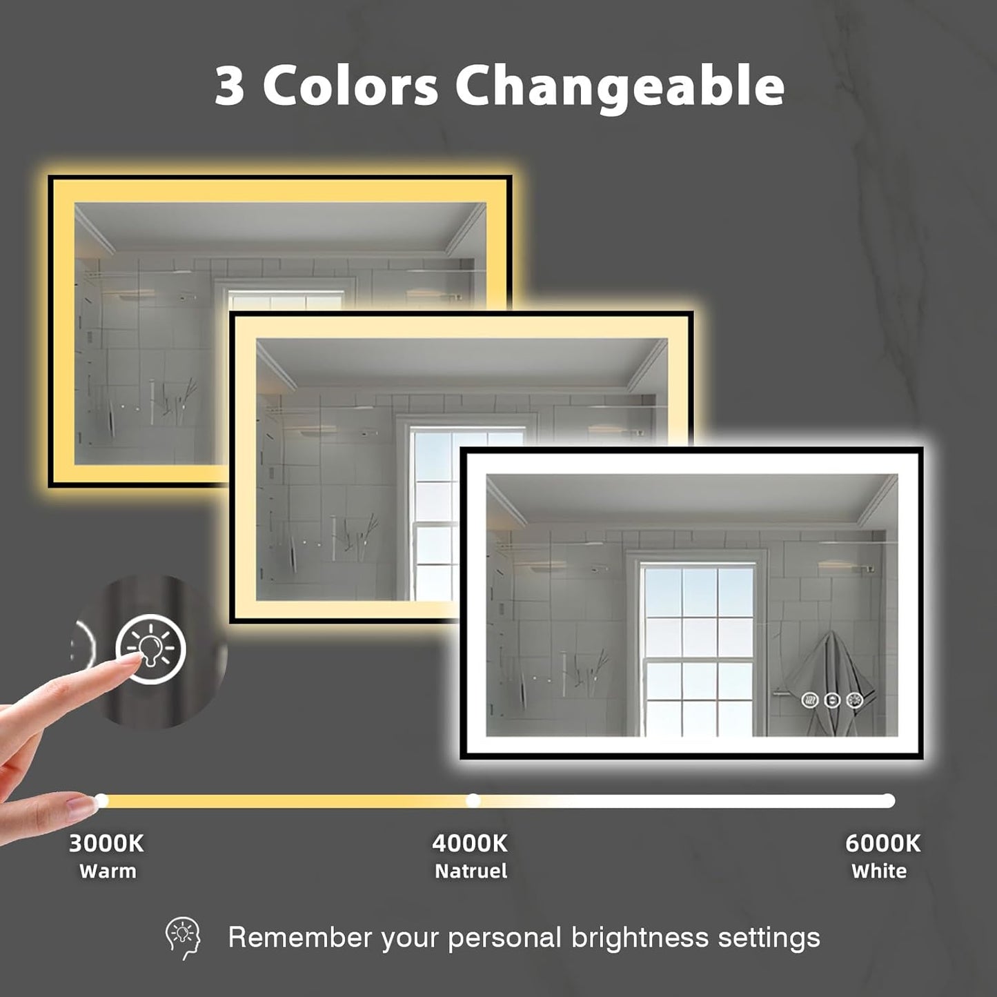 48x36 LED Bathroom Mirror, Modern Rectanglar Matte Black Frame, 3 Colors Changeable, Front and Backlit, Makeup Vanity Mirror with Lights, Anti-Fog, Shatter-Proof, Memory (Horizontal/Vertical)