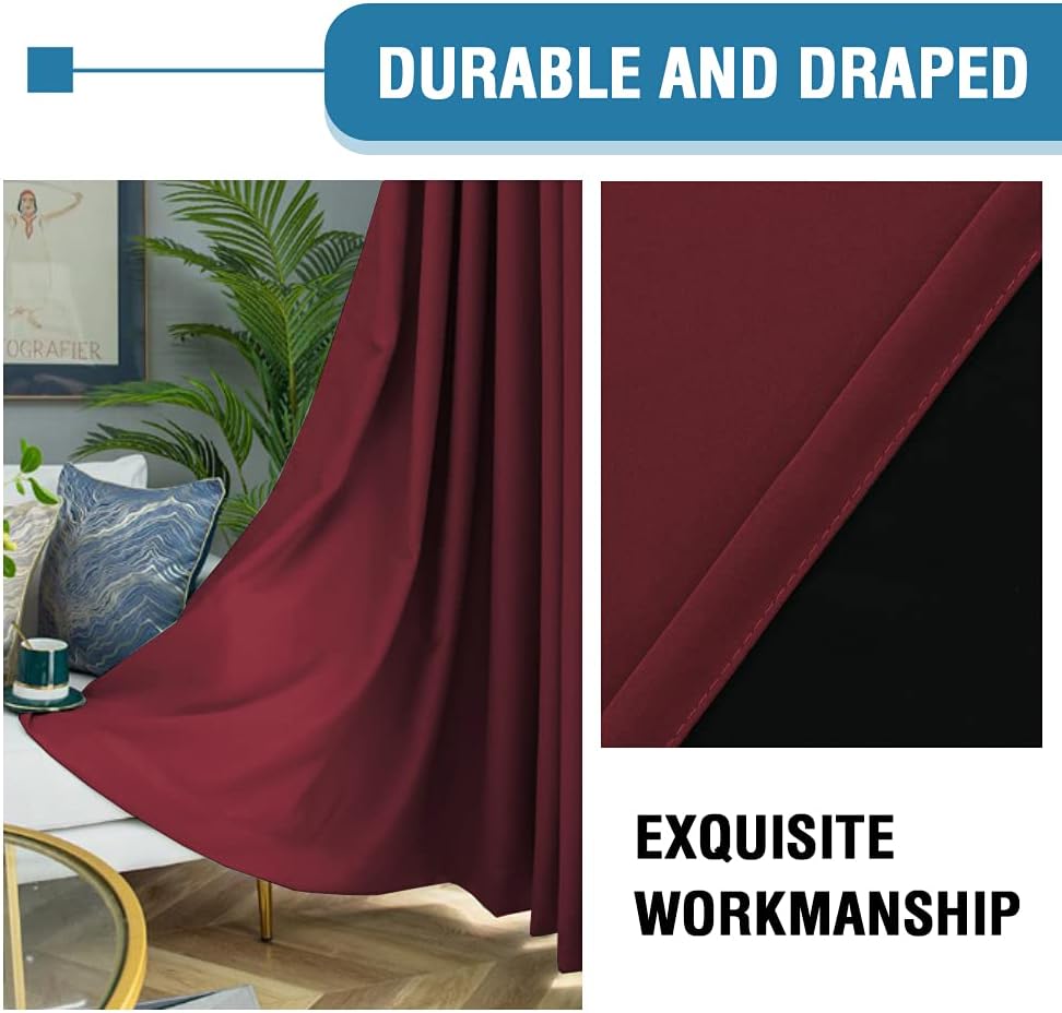 H.VERSAILTEX 100% Blackout Curtains for Bedroom Thermal Insulated Blackout Curtains 63 Inches Long Rod Pocket Window Drapes for Living Room with Black Liner 2 Panels Set, Burgundy
