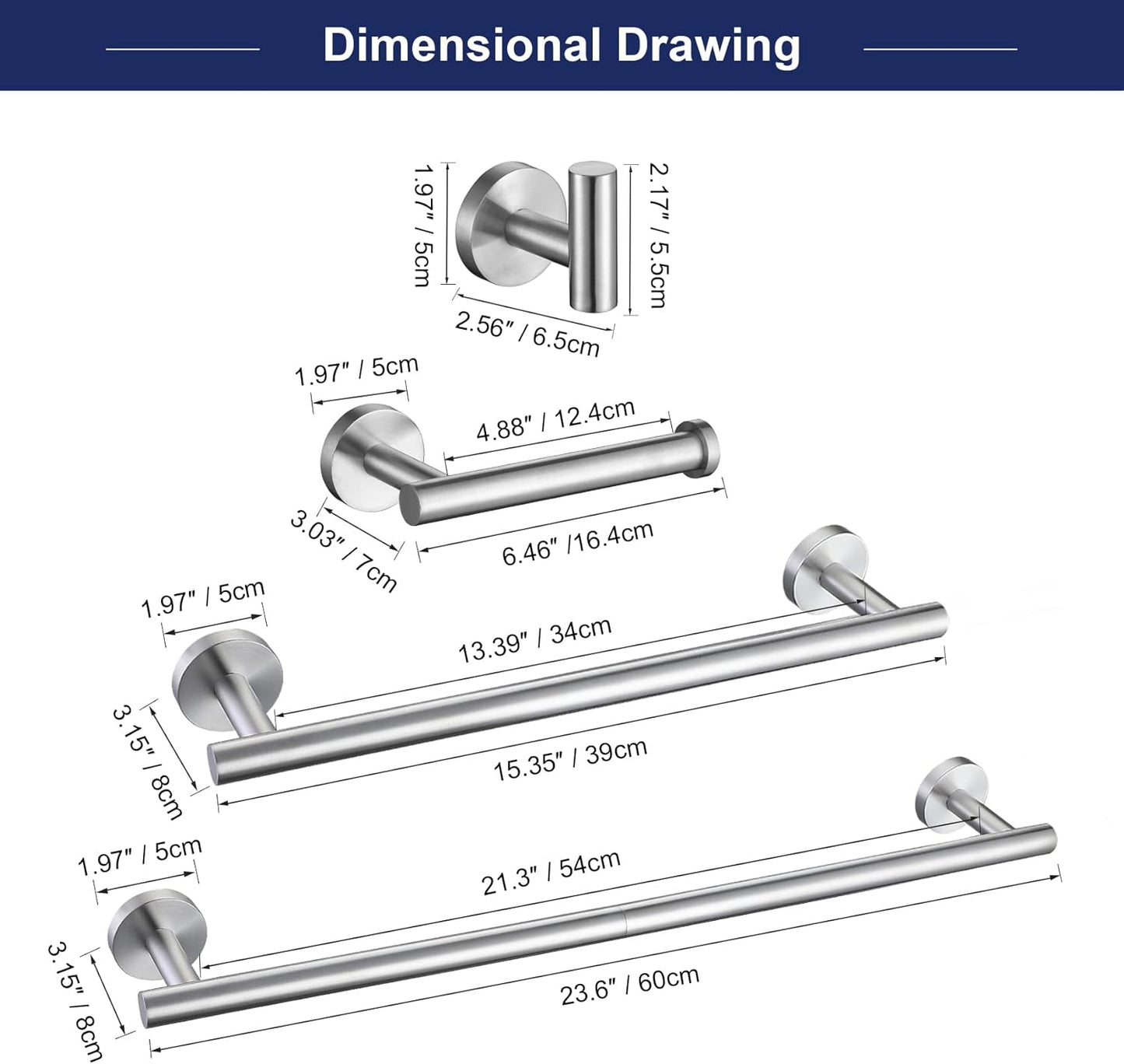 Bathroom Hardware Accessories Set Brushed Nickel Towel Bar Sets Include Double Towel Bars (23.6" and 15.35") Toilet Paper Holder Double Towel Hooks, 5 Pieces Stainless Steel Wall Mounted