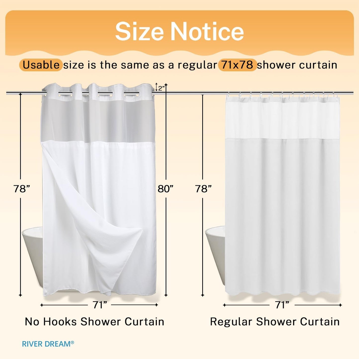 River Dream Heavyweight No Hooks Required Dotted Waffle Weave Shower Curtain with Snap in Liner - 71W x 80H,Hotel Grade,Spa Like Bath Curtain,White