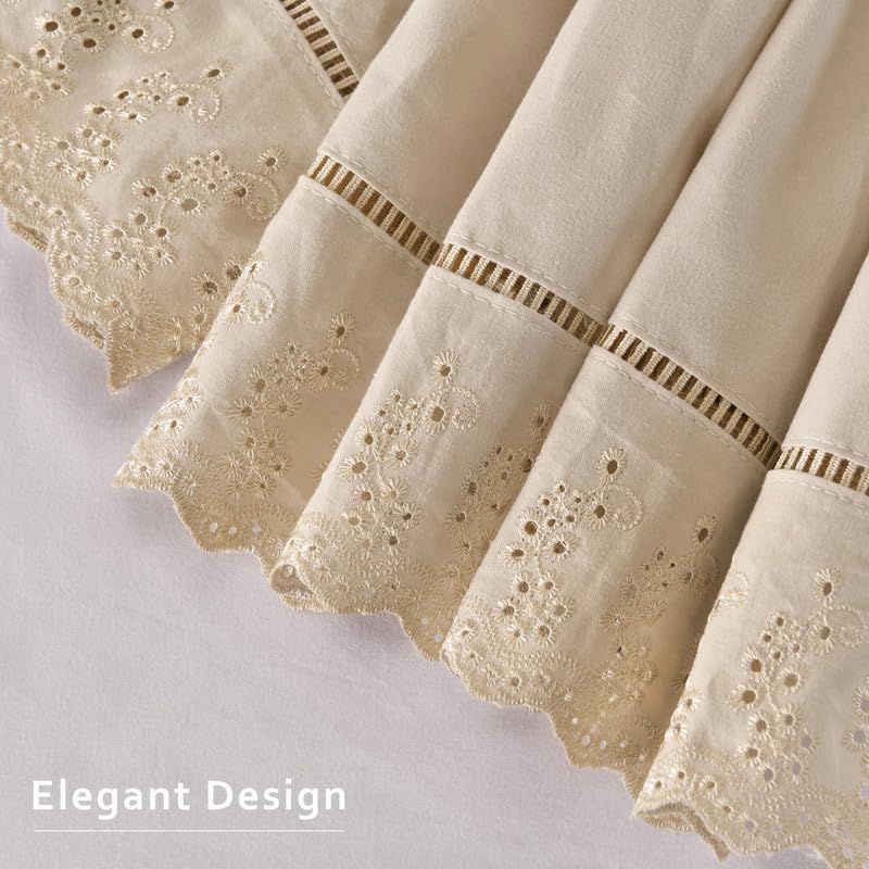 MIYE Wrap Around Ruffled Lace Bed Skirt, Elastic Dust Ruffle with Adjustable Belts, Easy to Put On, Bed Frame Cover, Machine Washable (Embroidered/Beige, King/Queen-15 Drop)